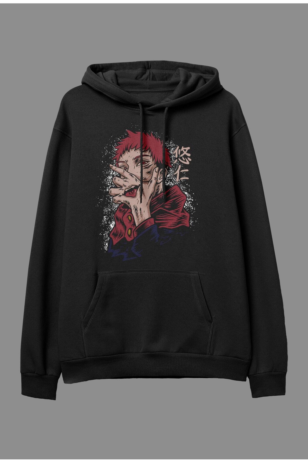 Oversize Jujutsu Kaisen Anime Karakter Tasarım Baskılı Kapüşonlu Içi Polarsız Sweatshirt Hoodie