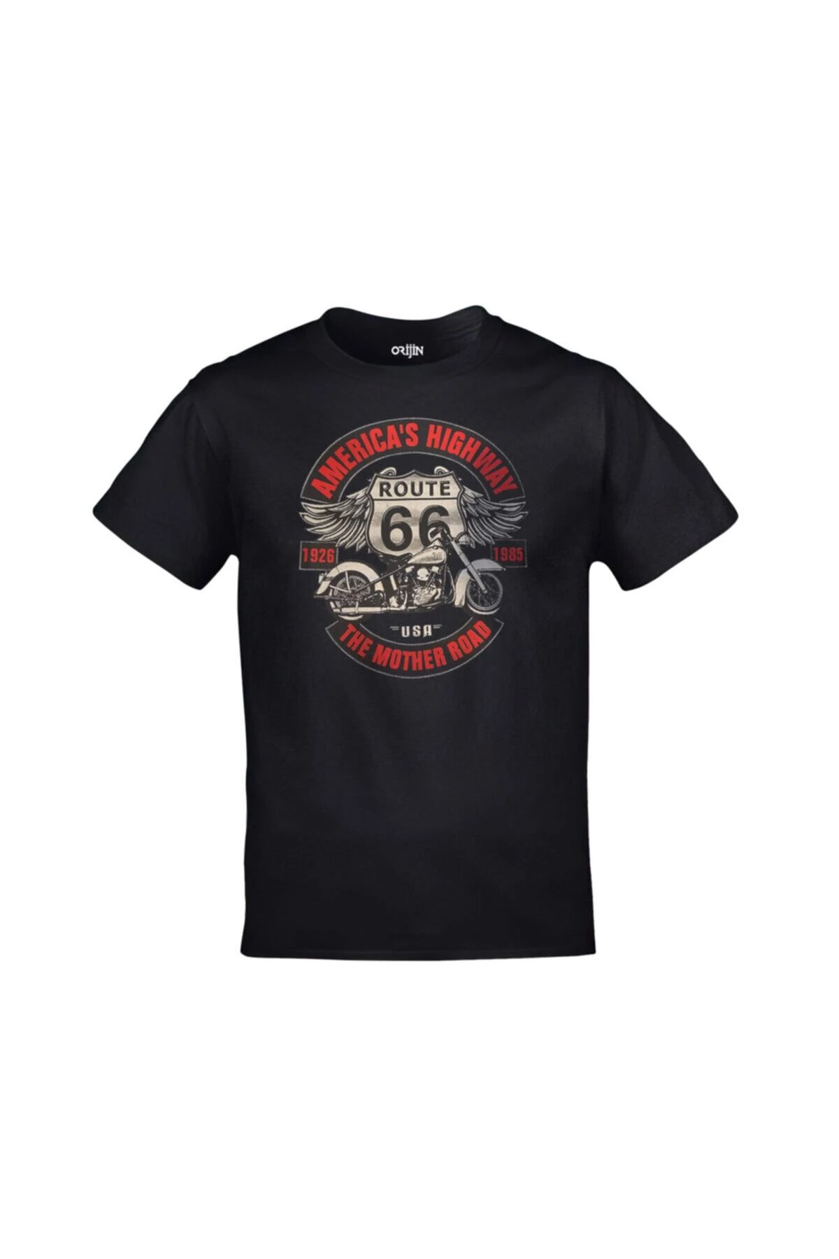 Unisex Siyah Route 66 Klasik Motor Baskılı Tshirt