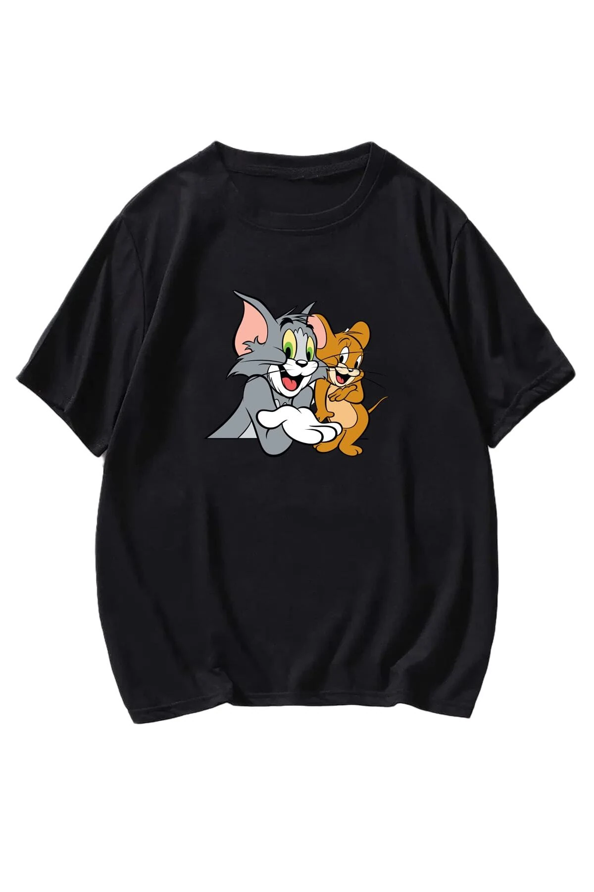 Tom Ve Jerry T-shirt -siyah, Baskılı, Bisiklet Yaka, Baskılı, Kısa Kol, Boyfriend, Bol