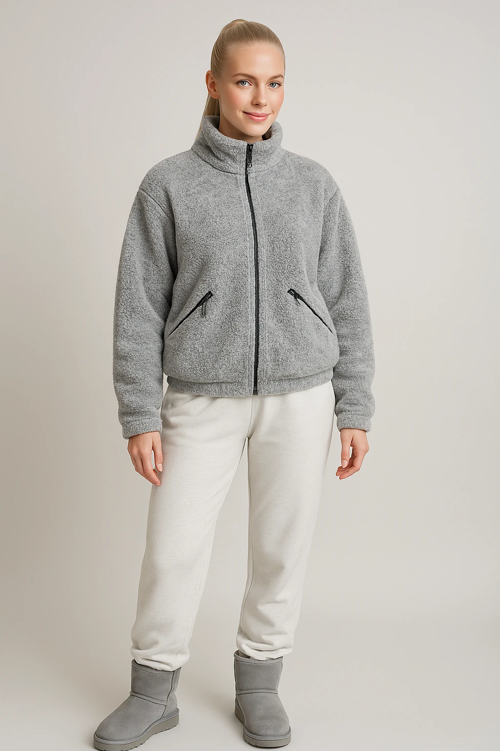 Kadın Fermuarlı Peluş Ceket - gri