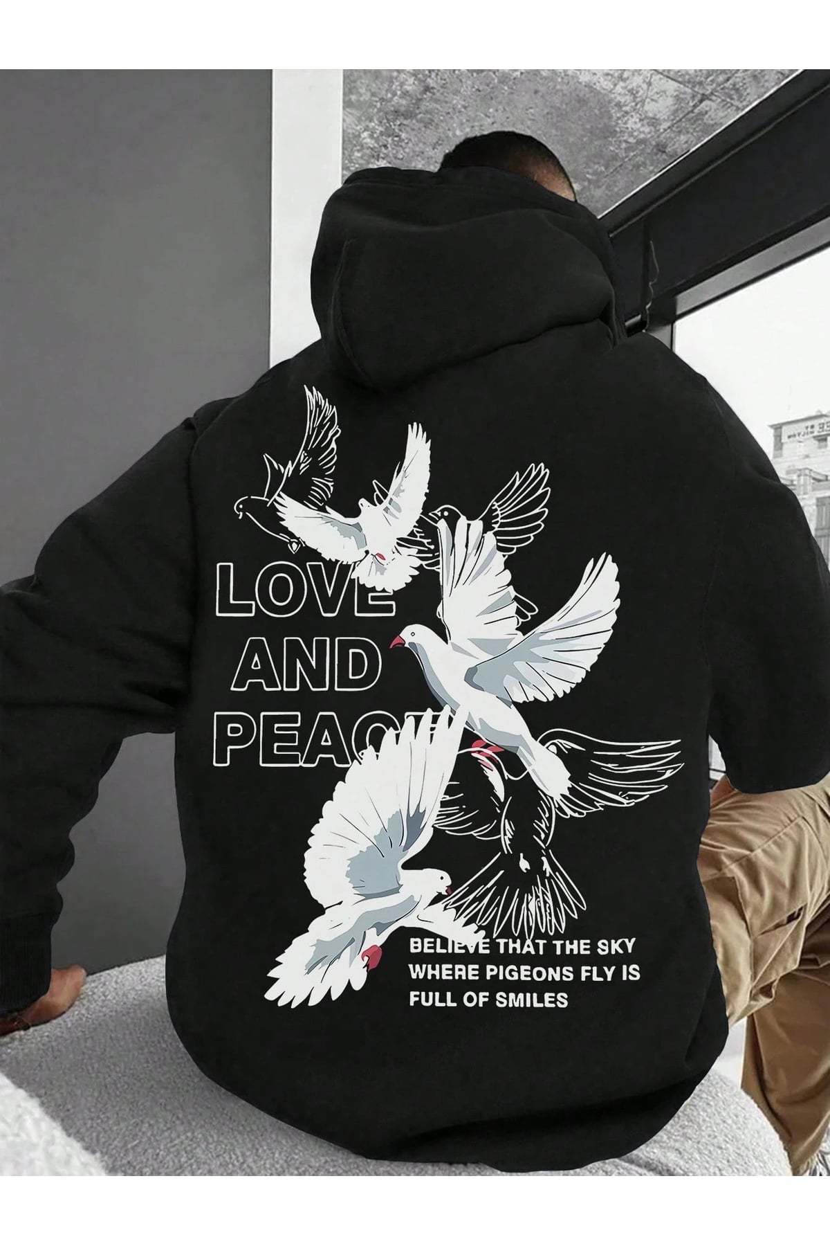 Love and Peace Baskılı Oversize Hoodie Sweatshirt Unisex Kapüşonlu Siyah Sokak Modası Rahat Kalıp