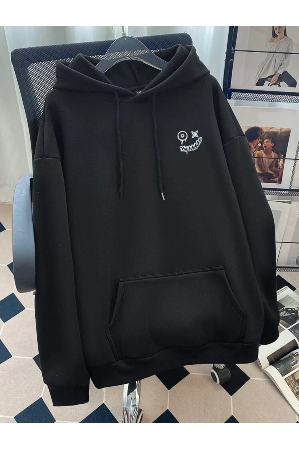 Oversize Unisex Zombie Smile Baskılı E Kapüşonlu Sweatshirt