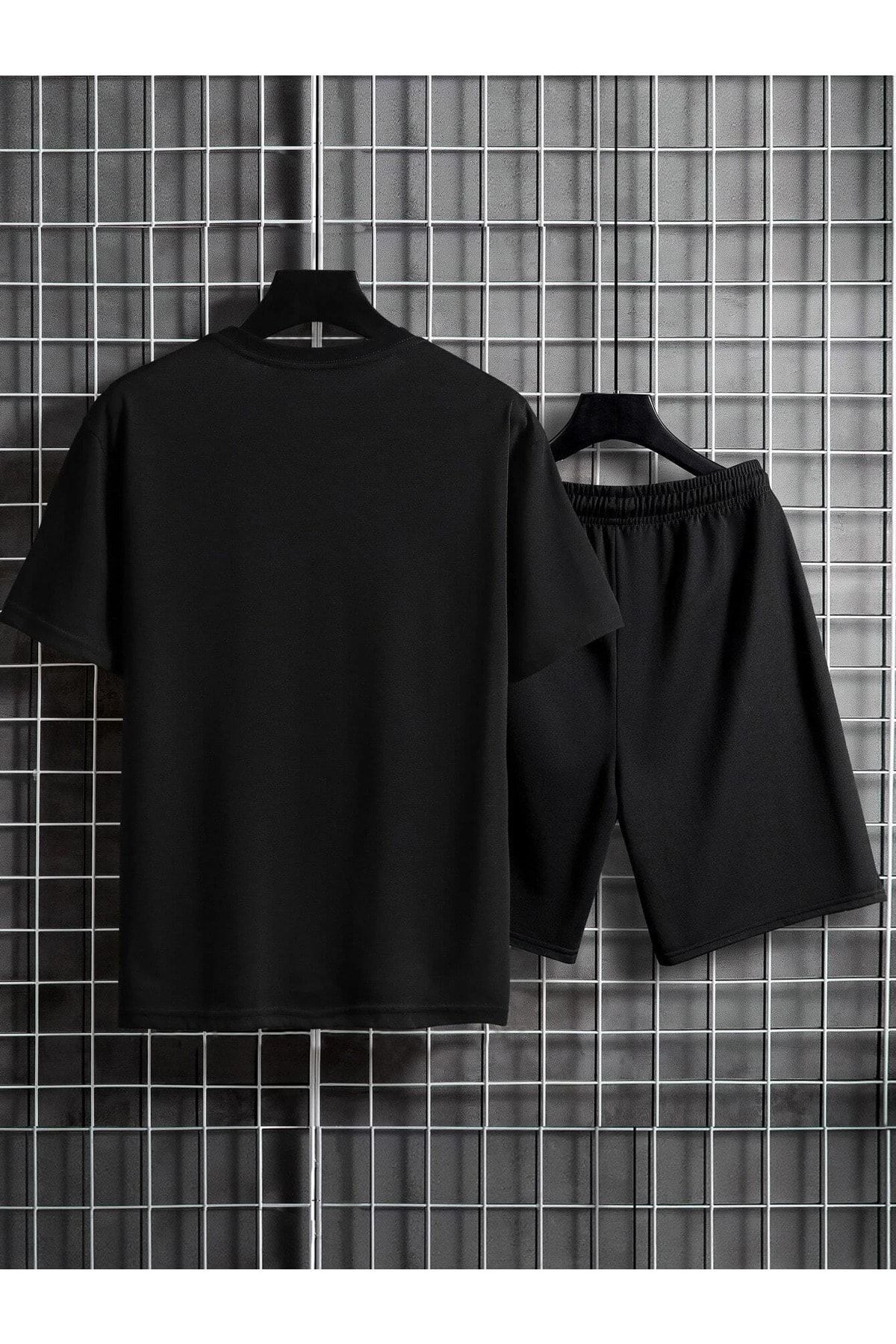 Unisex Siyah Newyork Özel Baskılı Oversize T-Shirt Şort Penye Takım