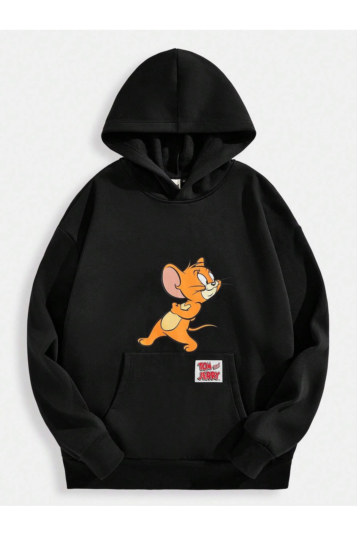 Tom ve Jerry Jerry Mouse Siyah Hoodie Eğlenceli Karikatür Tasarımlı ön arka(sweatshirt)