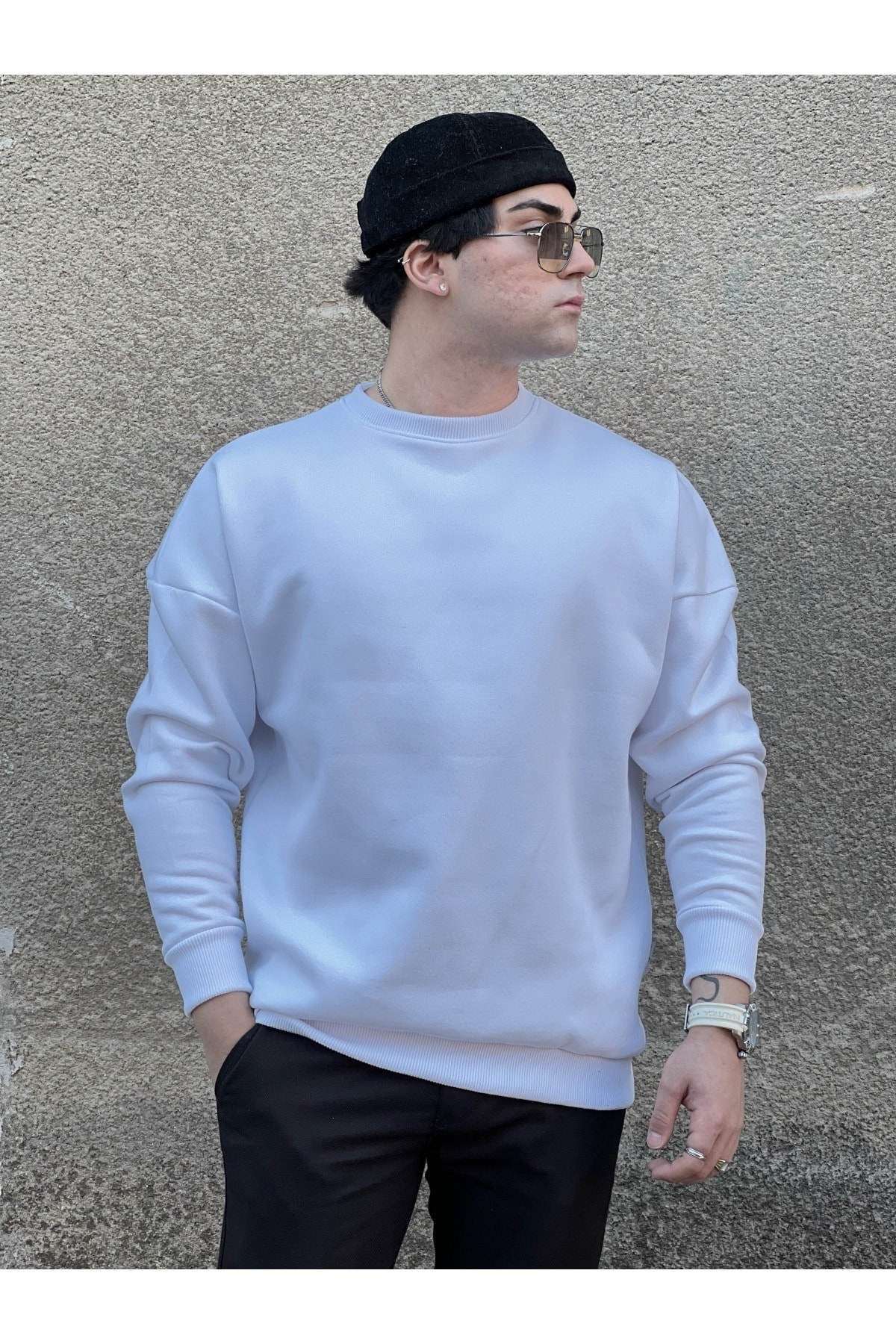 Beoriginal Oversize Unisex Bisiklet Yaka 3 Iplik Kalın %100 Pamuk Basic Sweatshirt