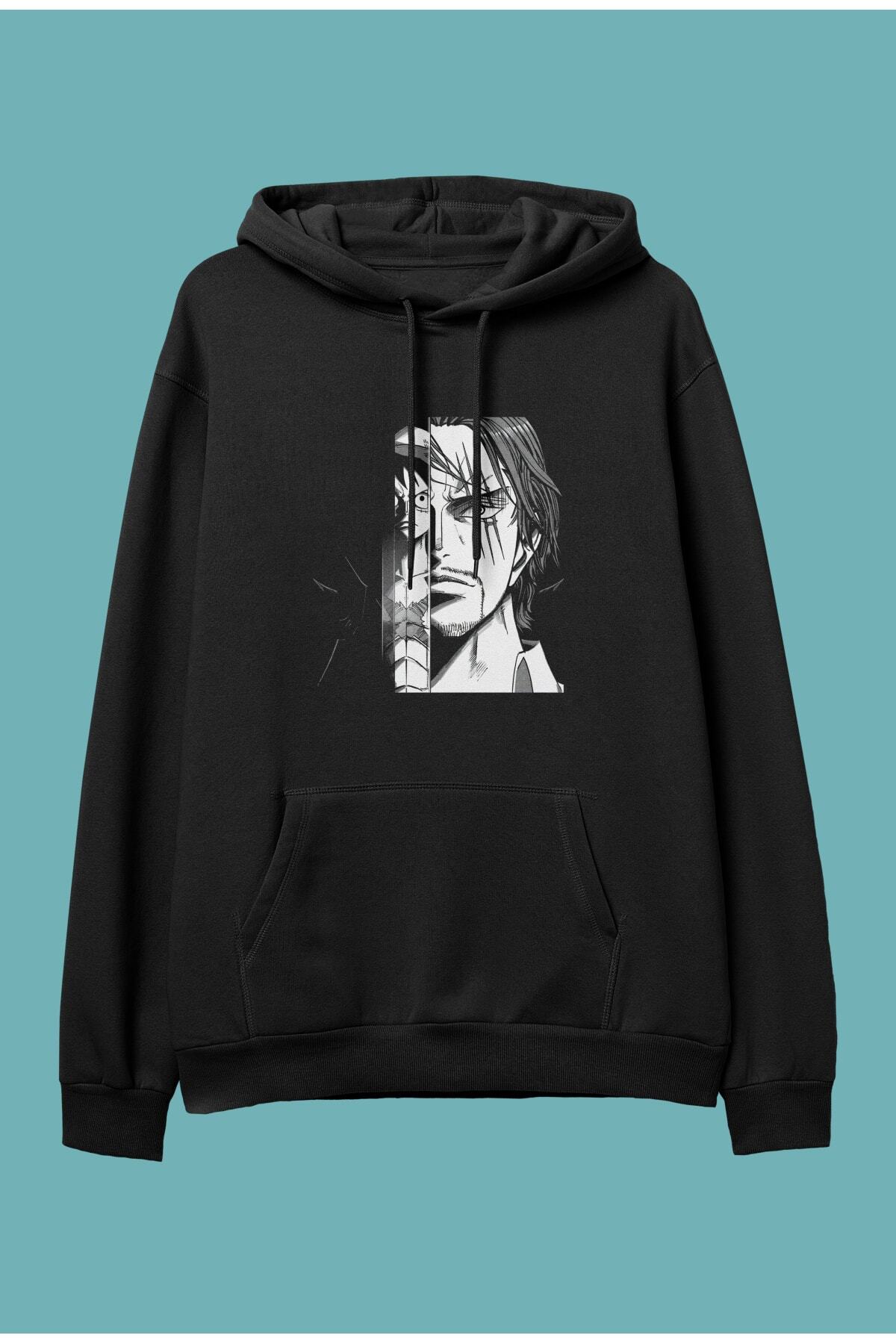 Oversize One Piece Luffy Ve Shanks Anime Tasarım Kapüşonlu Sweatshirt Hoodie