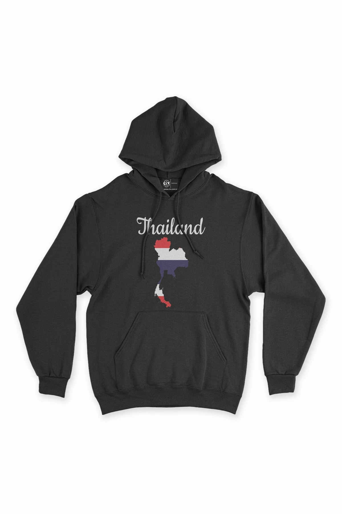 Tayland Haritalı Ve Bayraklı Siyah Kapşonlu Oversize Içi Polarsız Sweatshirt Hoodie