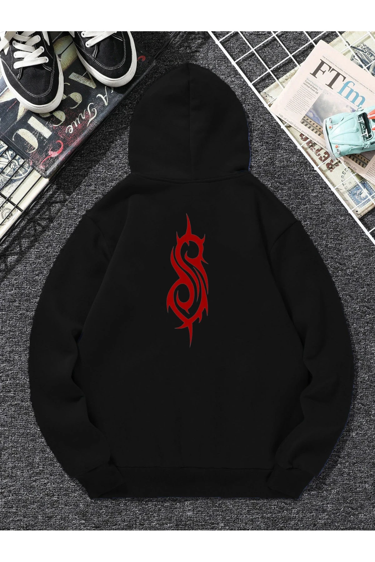 Siyah 3 Iplik Unisex Oversize Kapüşonlu Kanguru Cepli Slipknot Ön Arka Baskılı Sweatshirt Hoodie