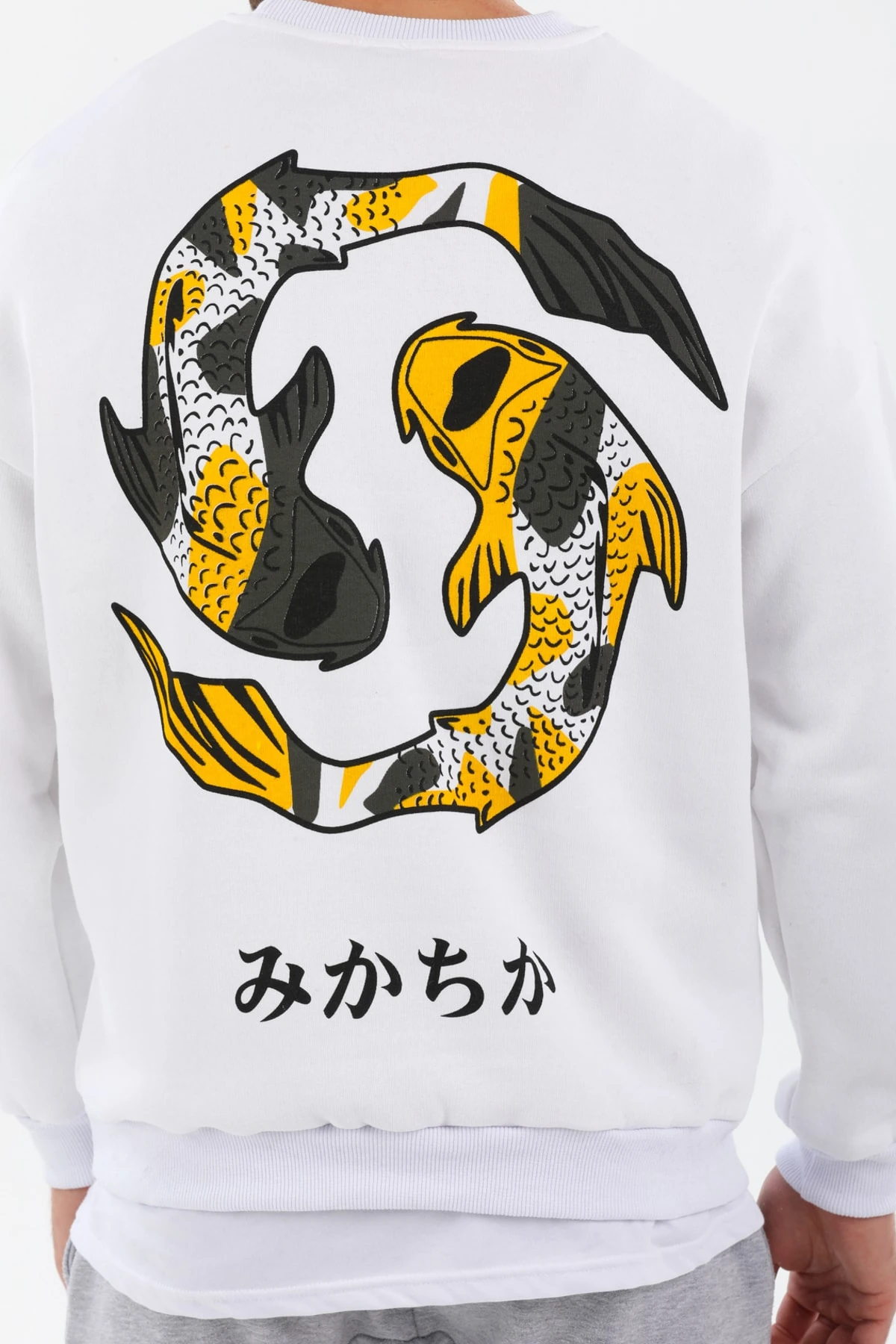 Trend Ahmet Beyaz Unisex Oversize Balık Baskılı Sweatshirt