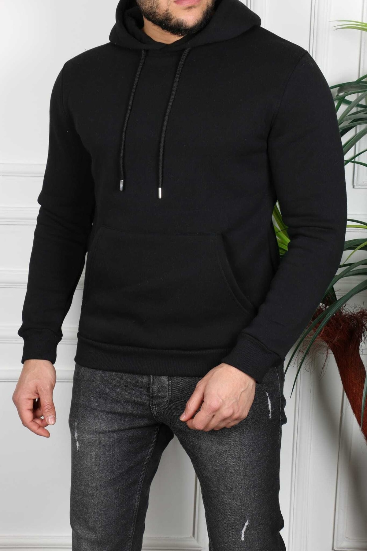 Unisex Siyah Düz Sweatshirt Kapüşonlu Kanguru Cep Normal Kalıp
