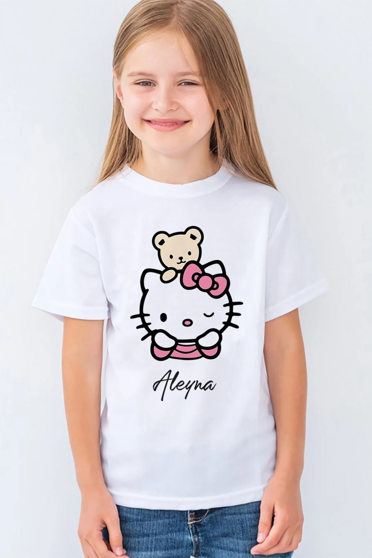 Kişiye Isme Özel Hello Kitty Baskılı Çocuk Tişört T-shirt Mr-02