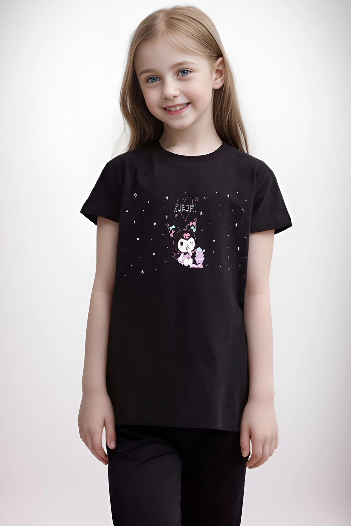 Kuromi Kalp Baskılı Çocuk Genç %100 Pamuk Siyah Tişört