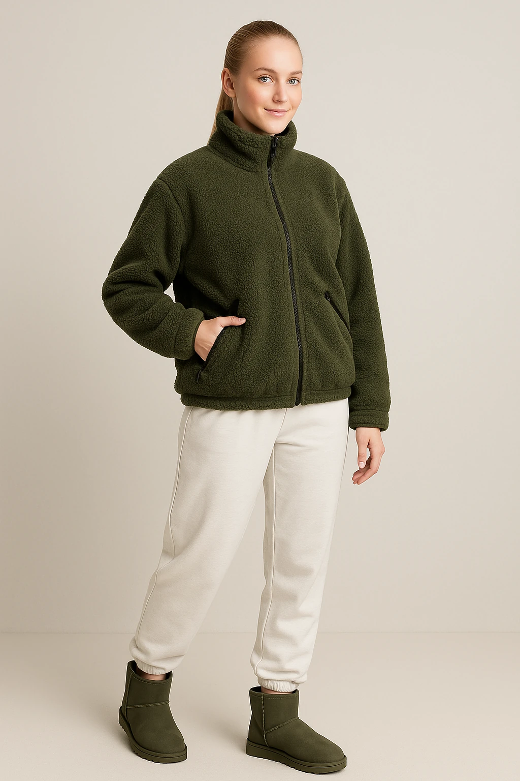 Kadın Fermuarlı Peluş Ceket - haki