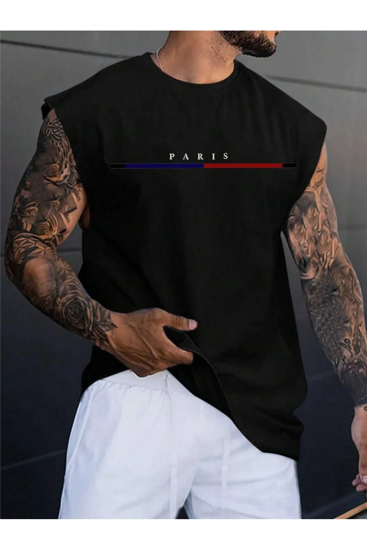 Erkek Paris Baskılı Kolsuz Oversize T-shirt