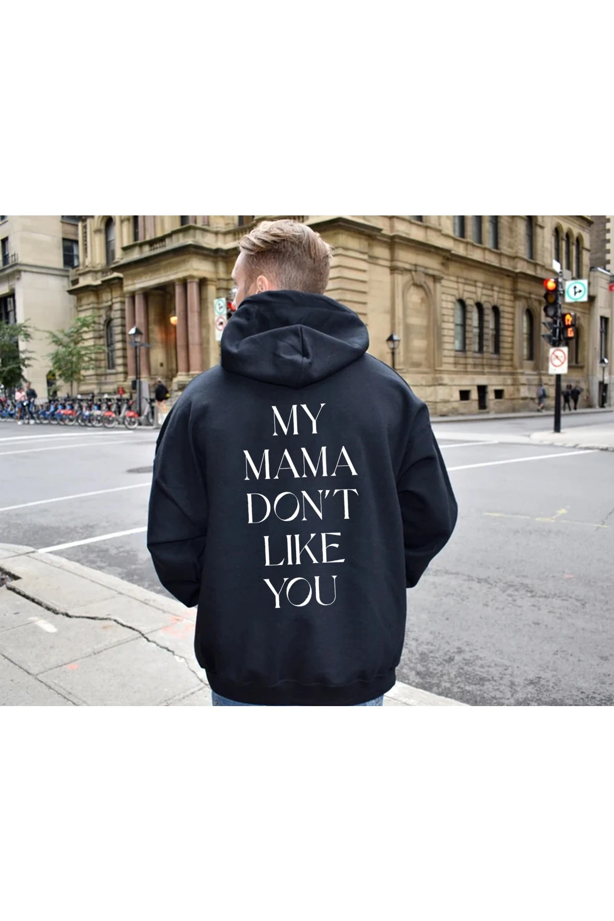 Mama Dont Like You Baskılı Siyah Oversize Kapüşonlu Sweatshirt