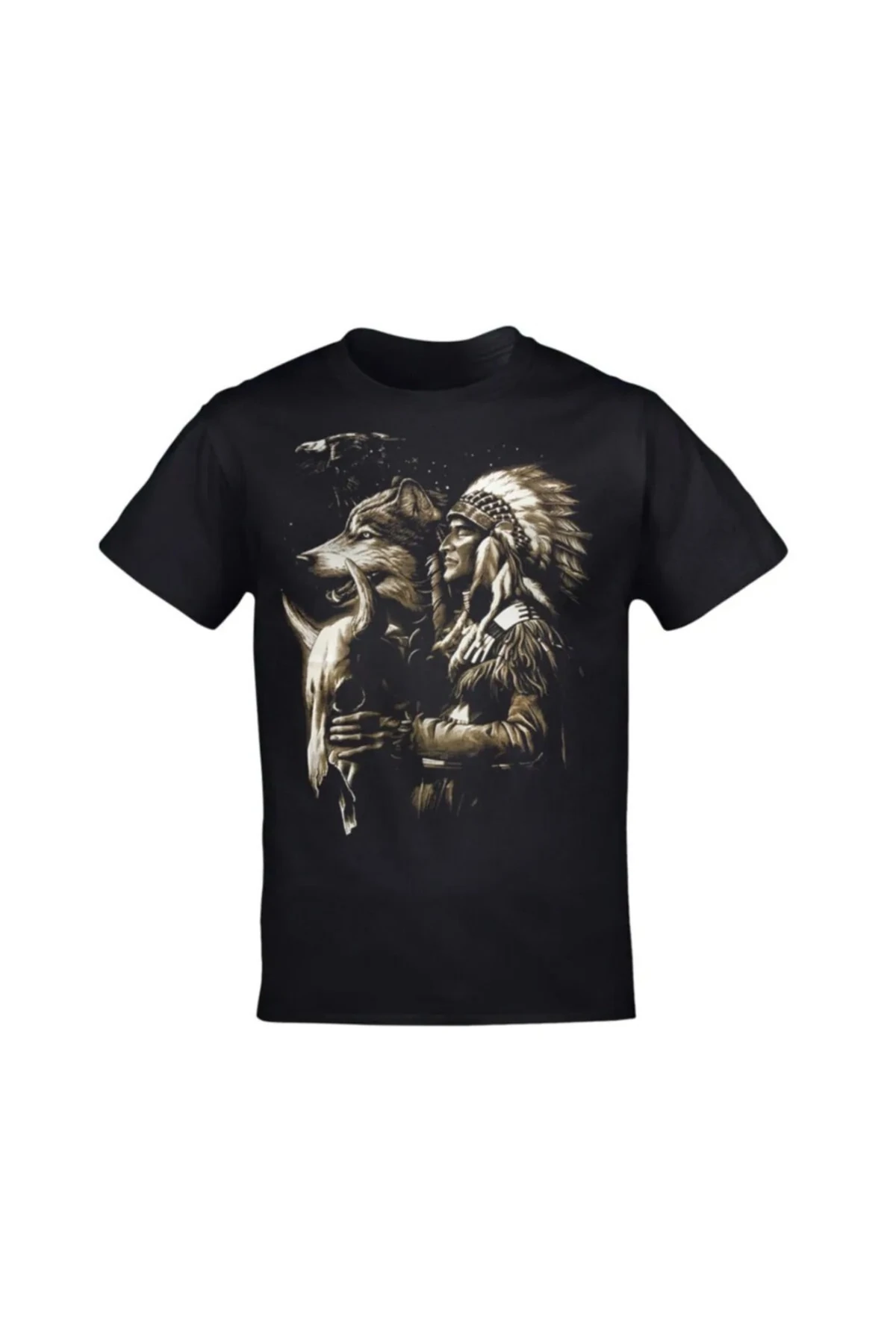 Unisex Siyah Kızılderili Şef ve Kurt T-shirt