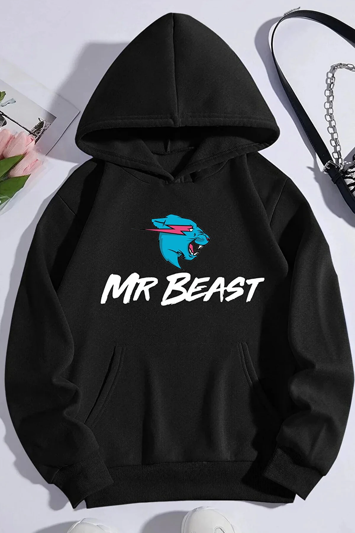Unisex Mr Beast Baskılı Oversize %100 Pamuk Kapüşonlu Sweatshirt Boyfriend Hoodie