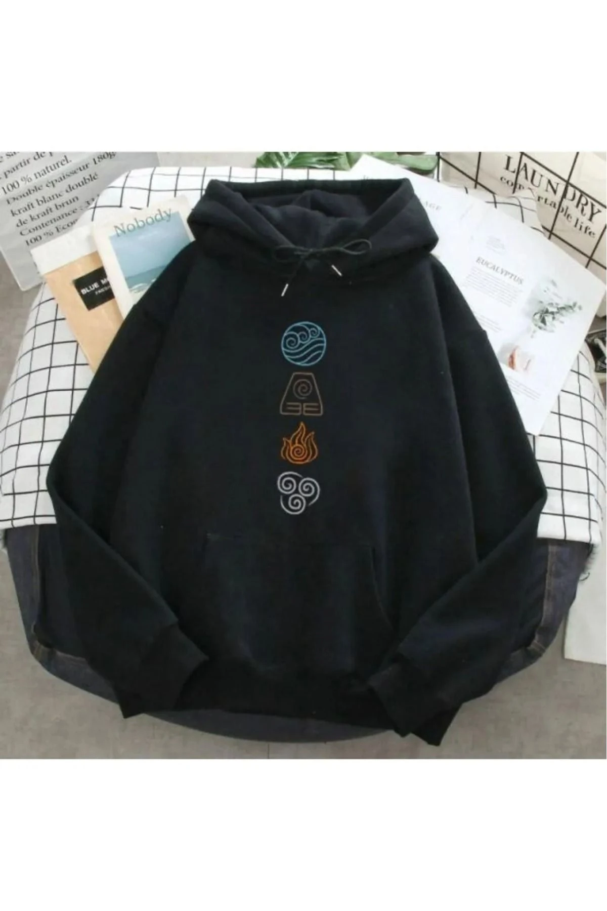 Molly Unisex Siyah Dört Element Baskılı Oversize Kapüşonlu Sweatshirt