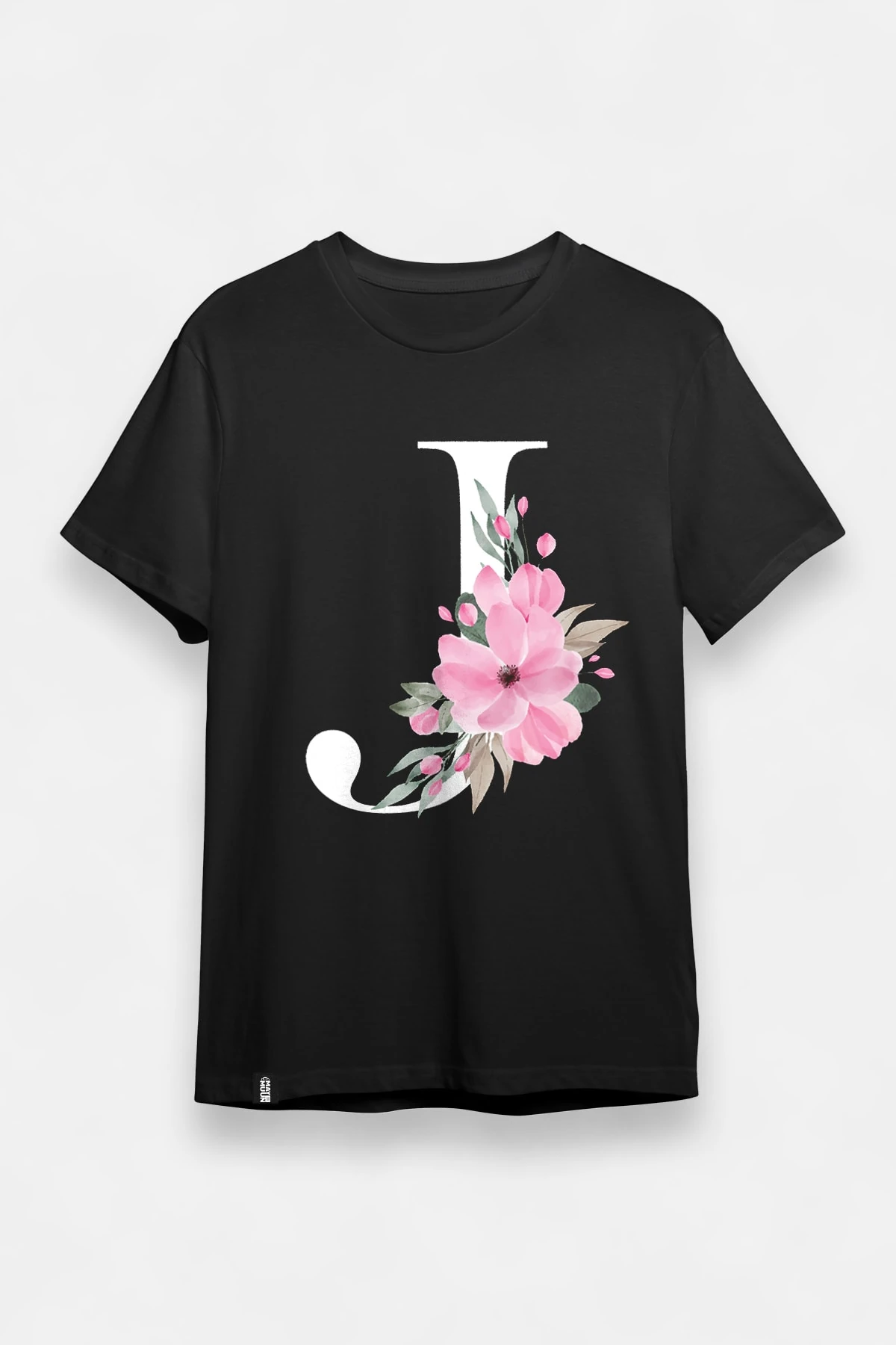 Çiçek Desenli J Harfi Baskılı Siyah Tişört