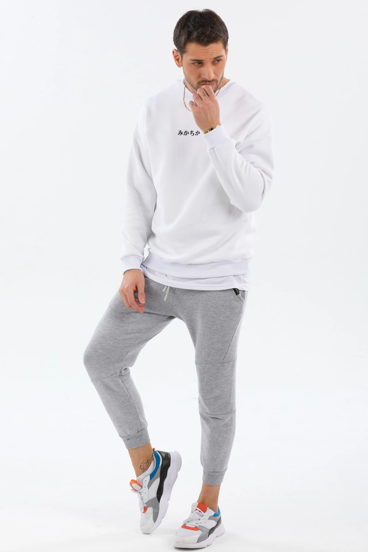 Trend Ahmet Beyaz Unisex Oversize Balık Baskılı Sweatshirt