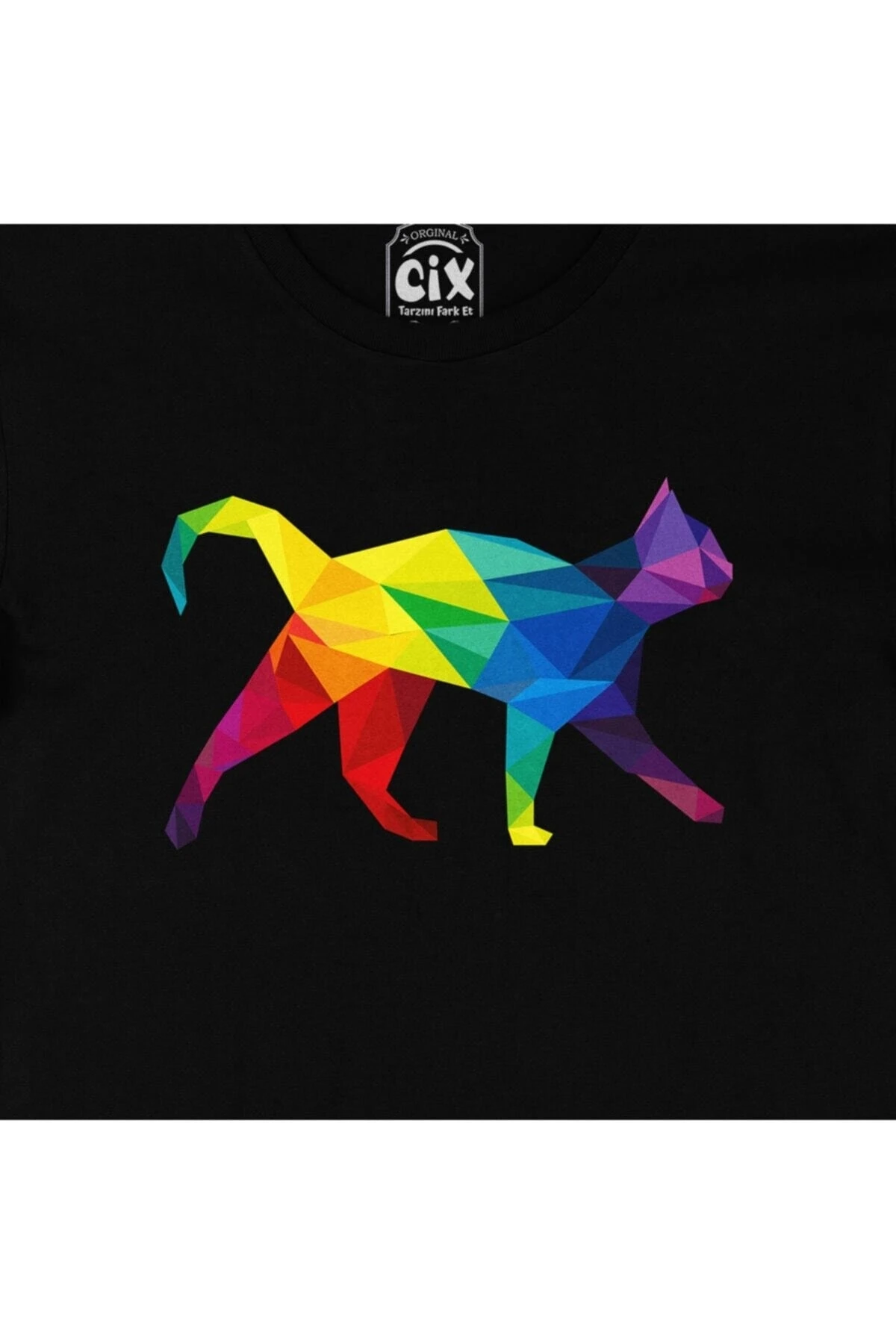 Gökkuşağı Renkli Polygon Kedi Siyah Tişört