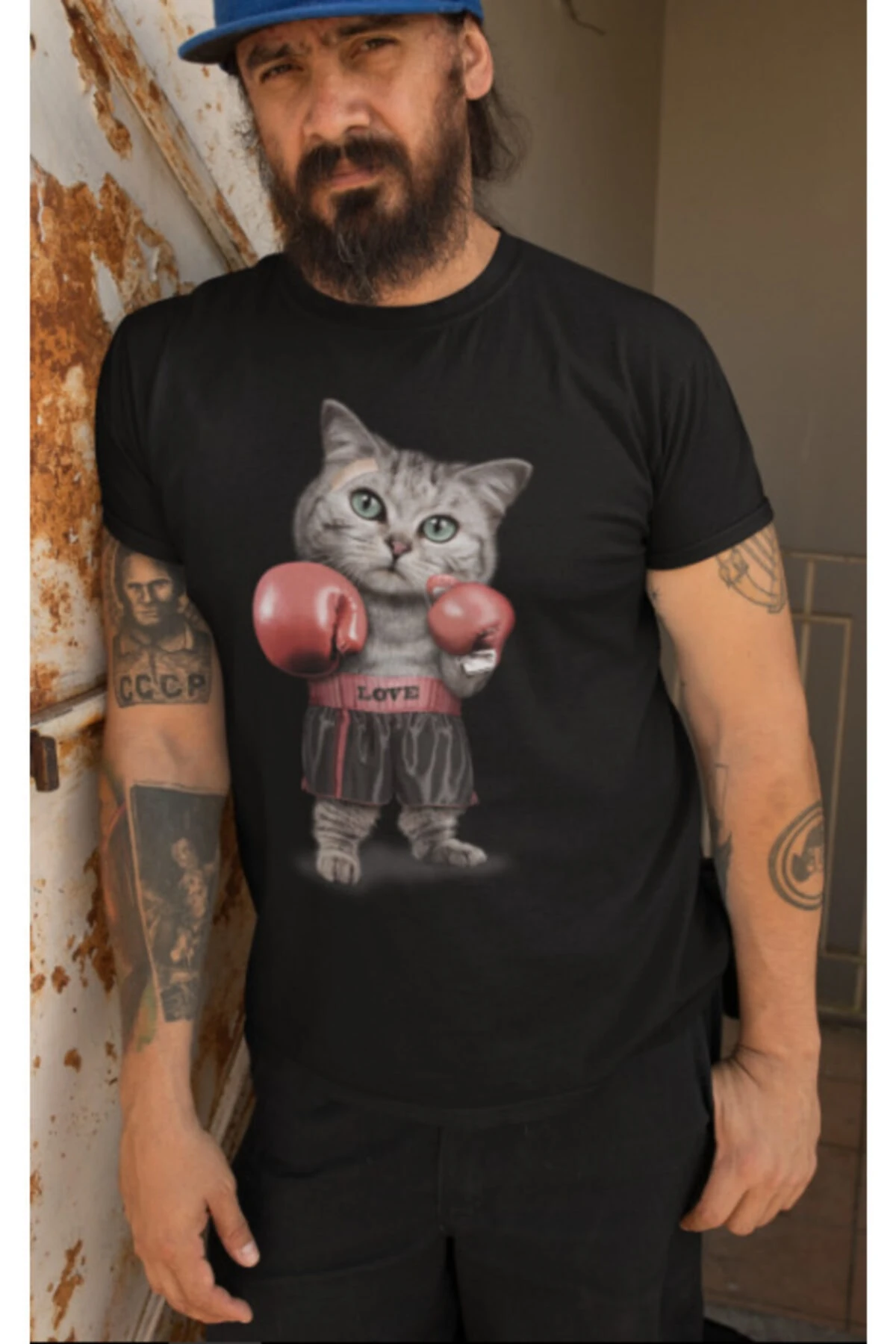 Unisex Siyah Boksör Kedi Boxer Cat Baskılı Özel Tasarım Tshirt