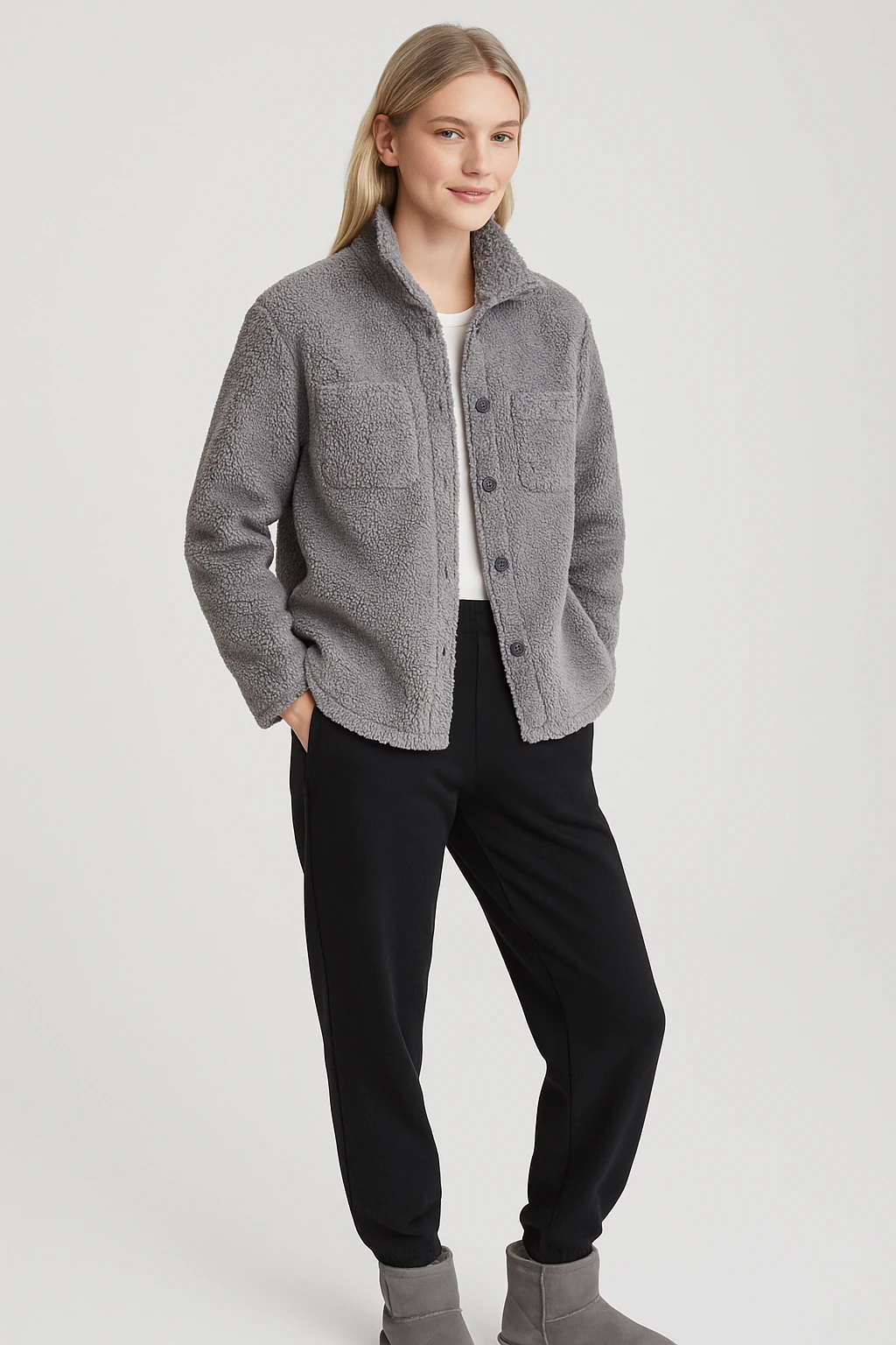 Kadın Düğmeli Peluş Ceket - gri