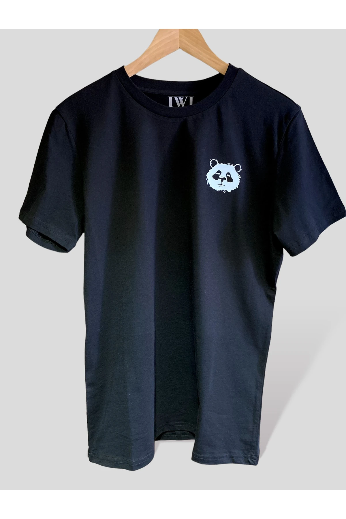 Unısex %100 Pamuk Siyah Bisiklet Yaka Panda Baskılı Tişört