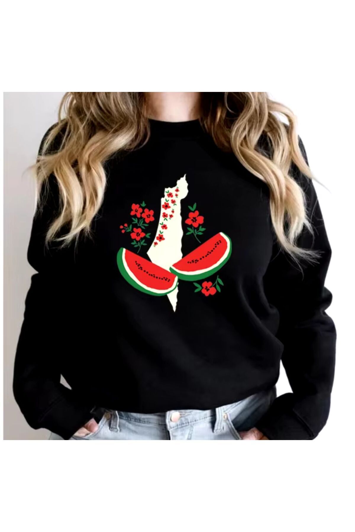 - Sweatshirt filistin karpuz Baskılı Hodies 3 iplik Kompakt Kumaş İçi Pamuklu
