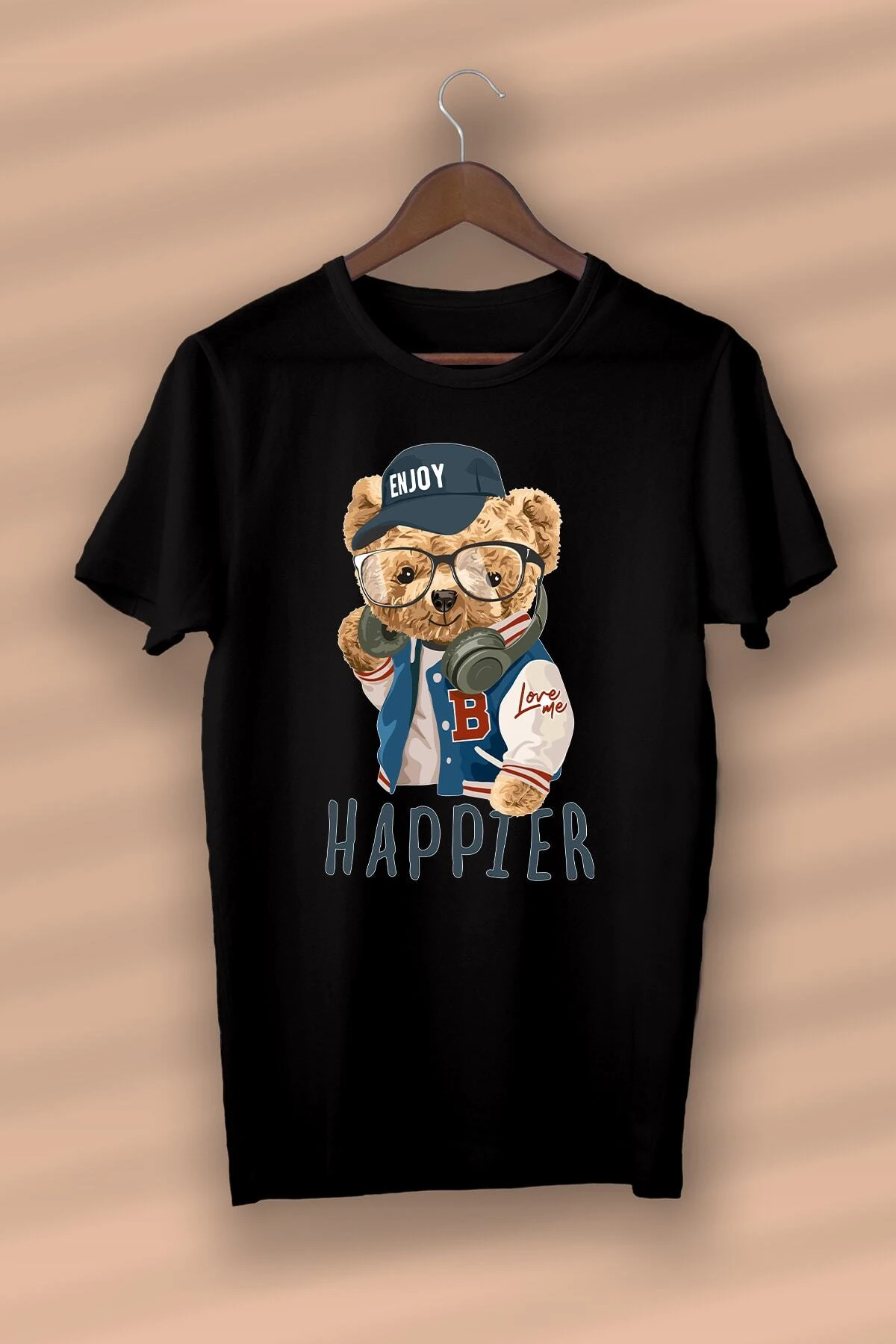 Teddy Bear Happier Baskılı Organik Pamuk Siyah Unisex - Kadın - Erkek- T-shirt Nux Boutique