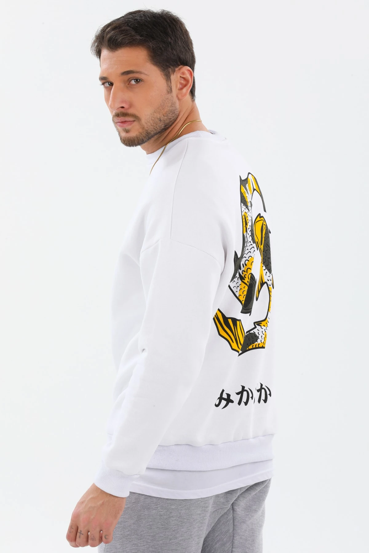 Trend Ahmet Beyaz Unisex Oversize Balık Baskılı Sweatshirt
