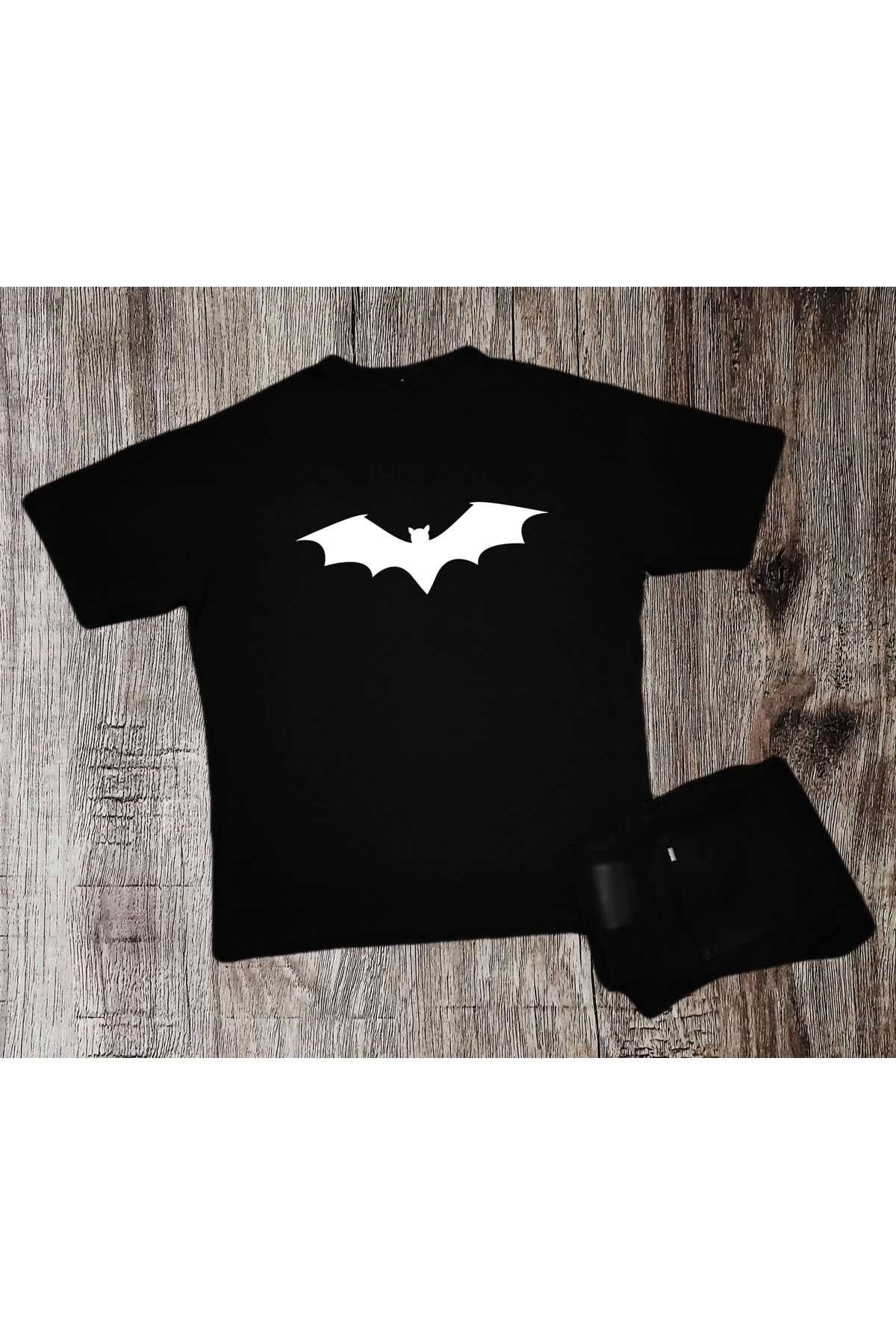 Unisex Yarasa Desenli Siyah Oversize Tshirt