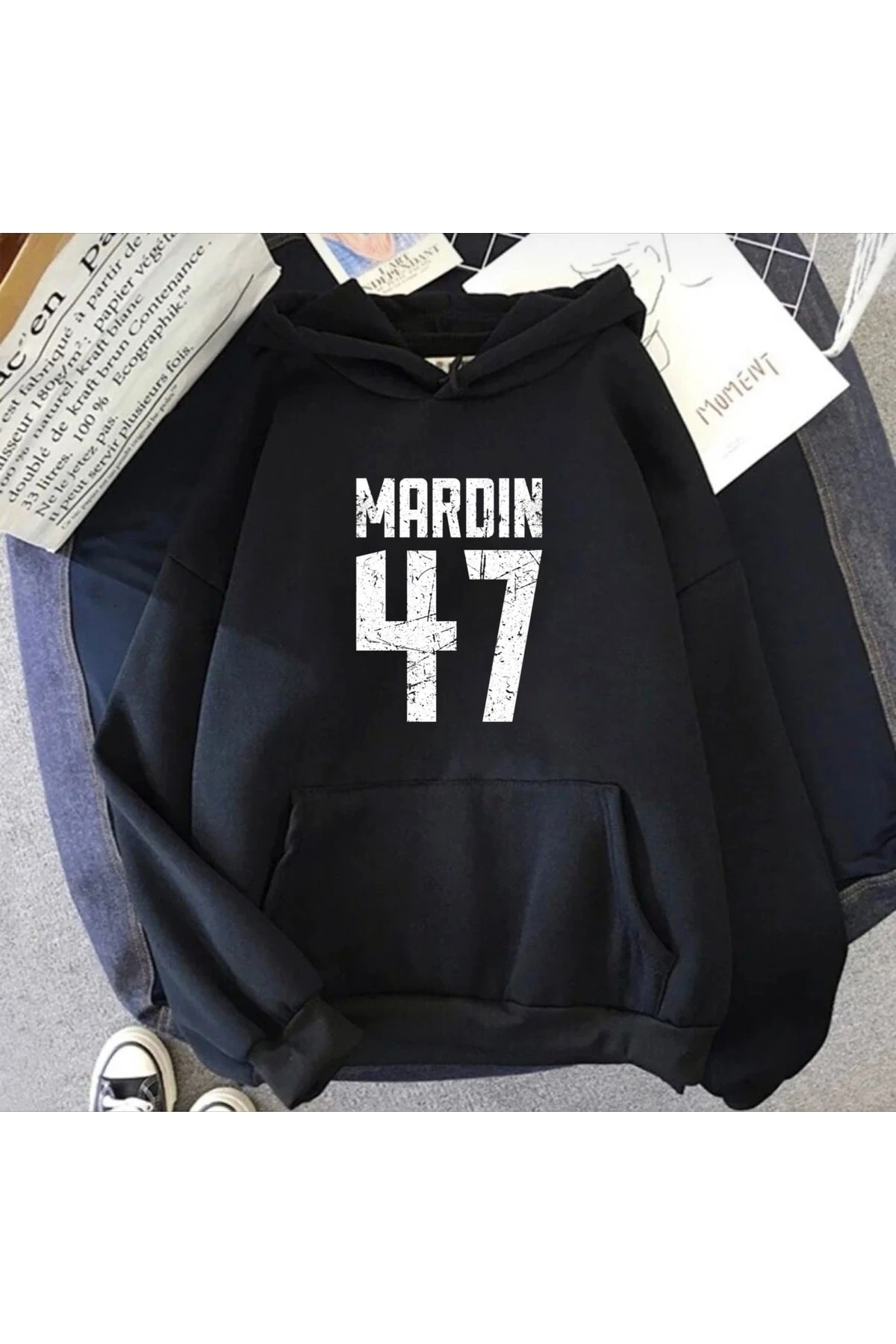 Unisex Mardin 47 Baskılı Siyah Oversize Kapüşonlu Sweatshirt