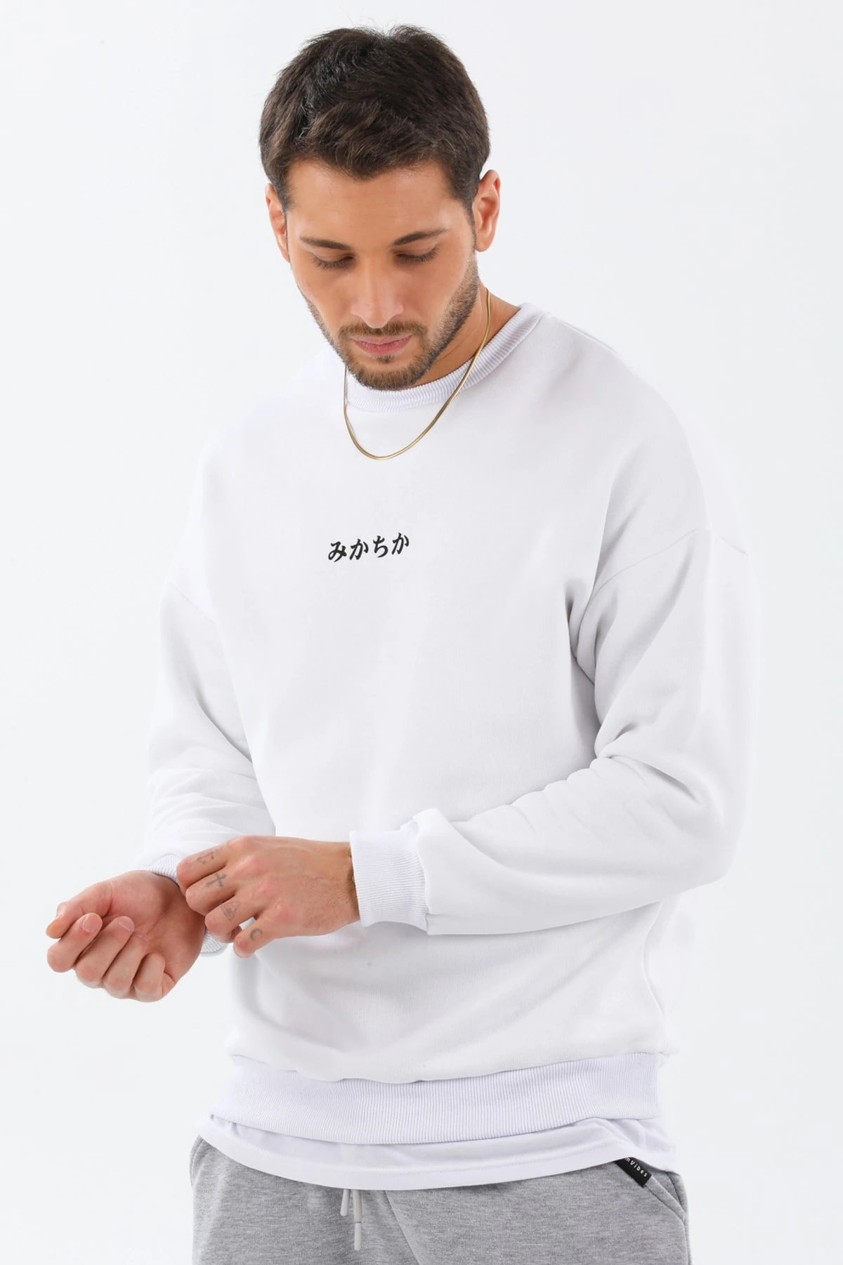 Trend Ahmet Beyaz Unisex Oversize Balık Baskılı Sweatshirt