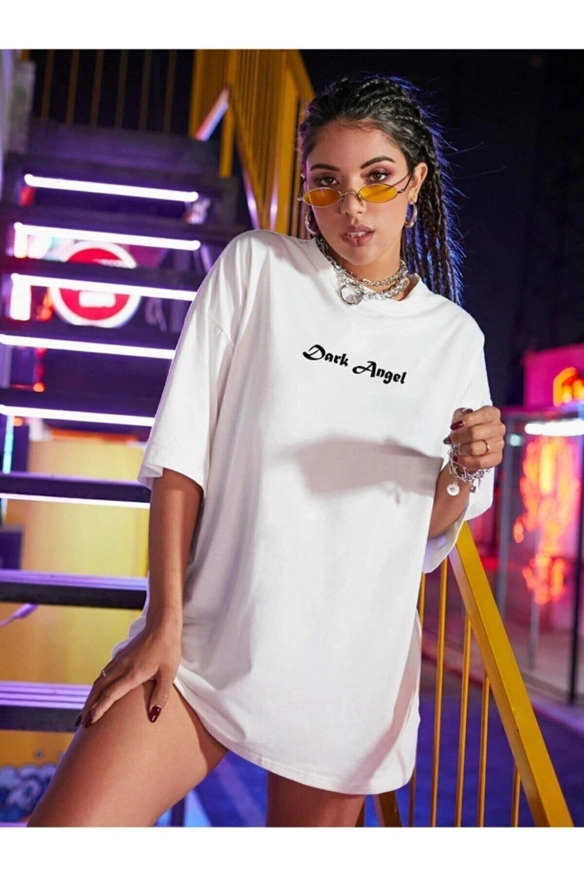 Kadın Dark Angel Baskılı Oversize Penye T-shirt Tişört