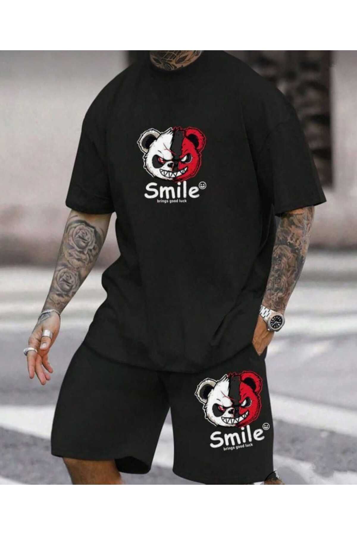 Siyah Tokyo Panda Baskılı REGULAR T-shirt Ve  Şort Takım