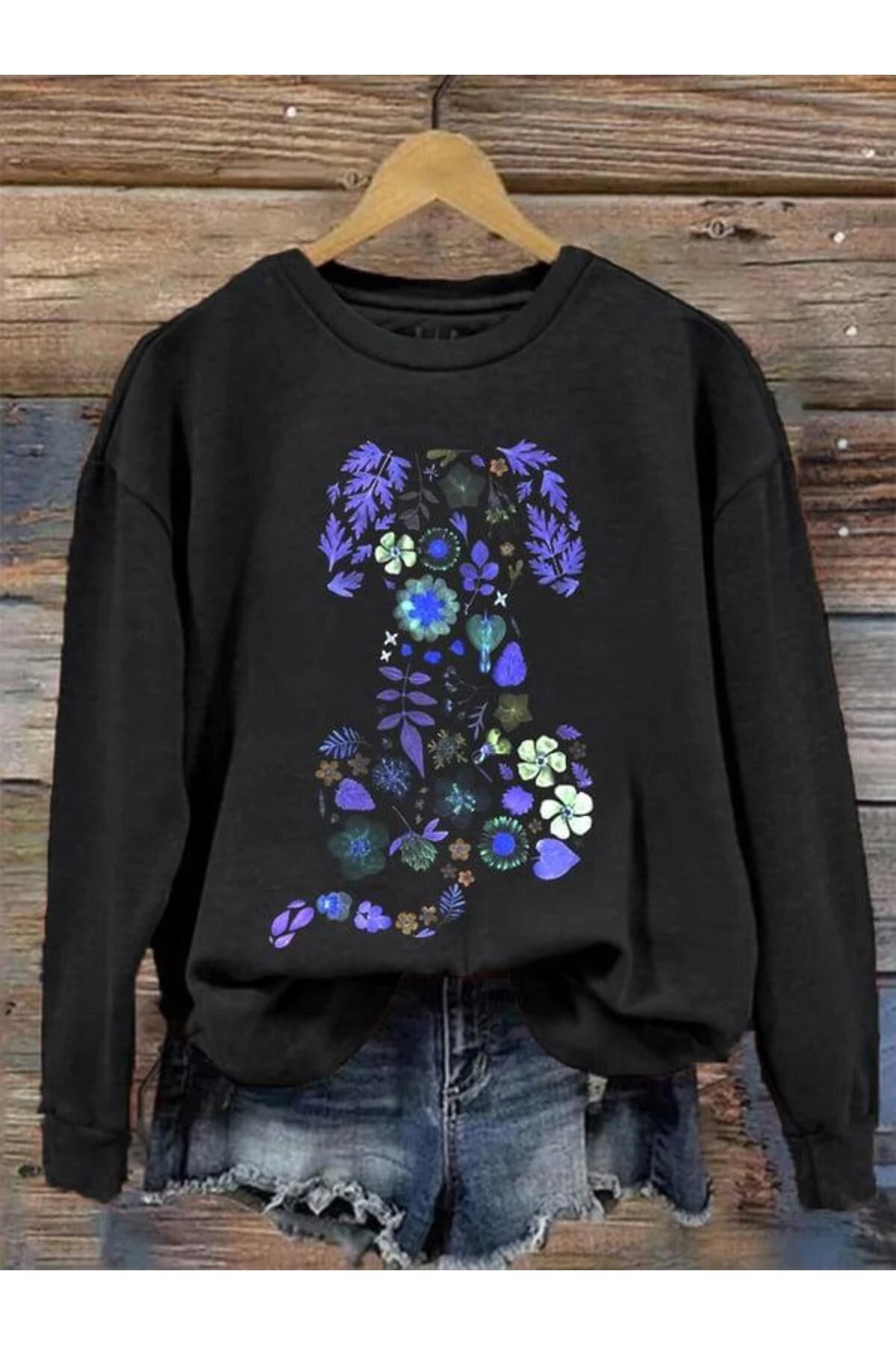 Unisex Tasarım Çiçek Köpek Baskılı Oversize Sweatshirt Hoodie