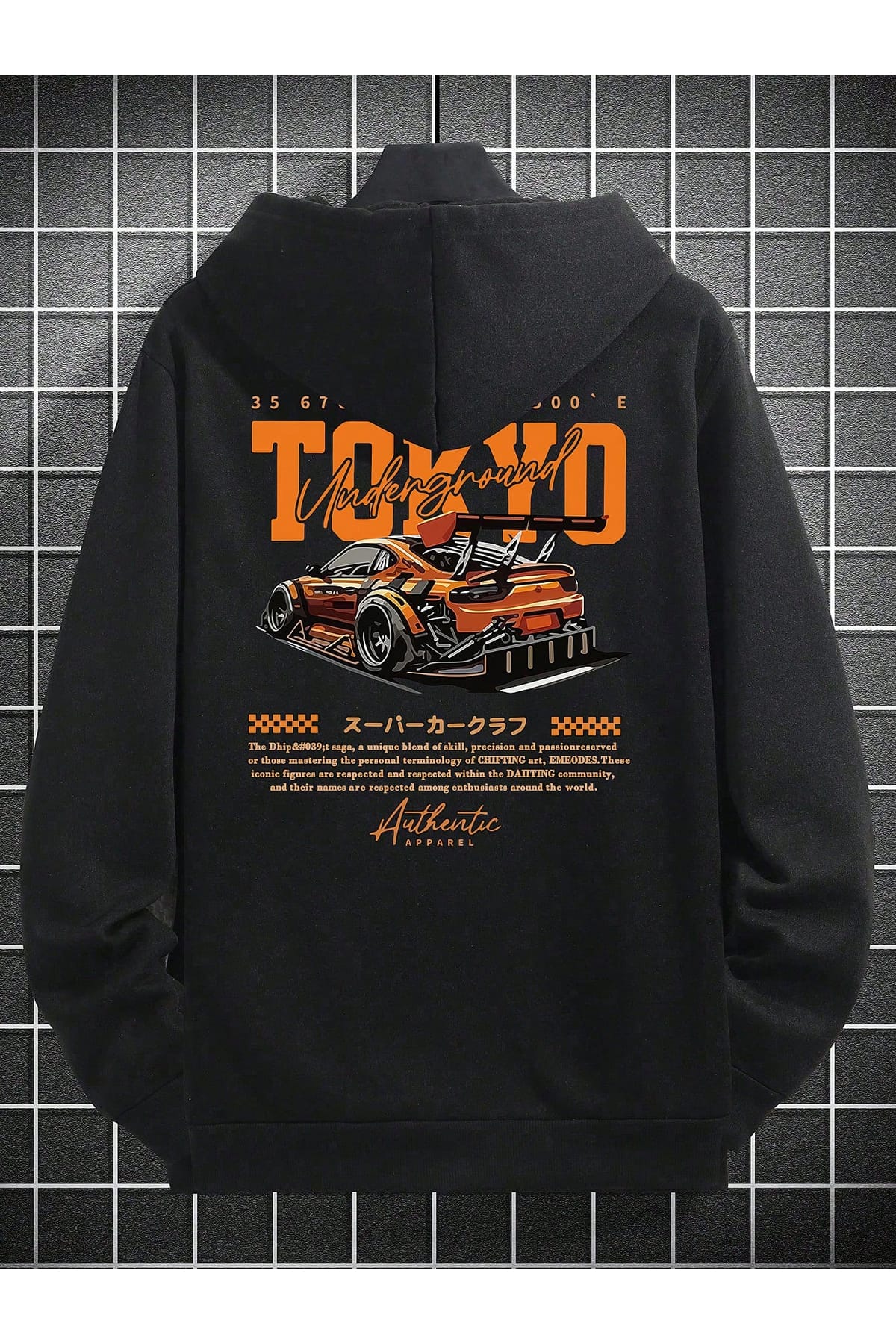 Tokyo Underground Drift Saga Siyah Hoodie Araba Yarışı Temalı Authentic Apparel sweatshirt