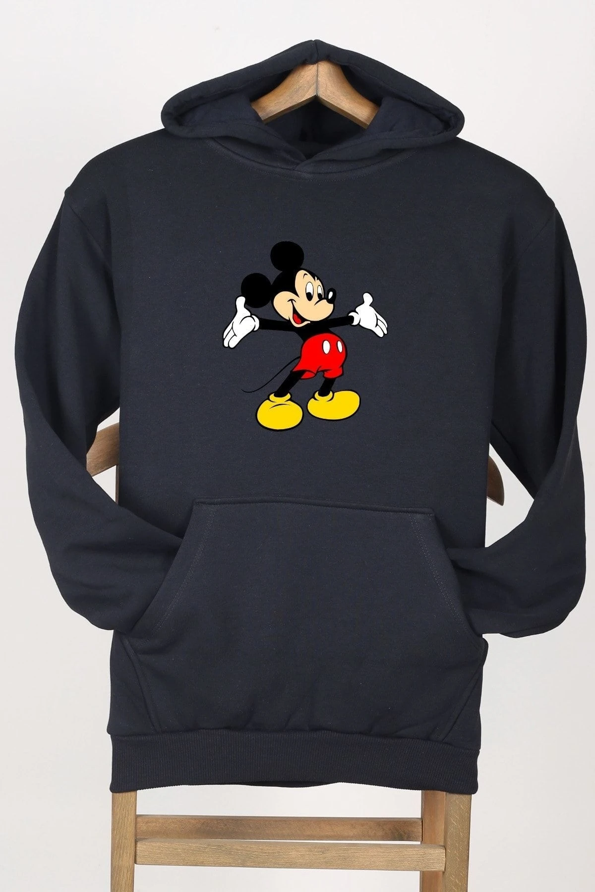 Oversize Unisex Siyah Mickey Mouse Baskılı Kapüşonlu Sweatshirt