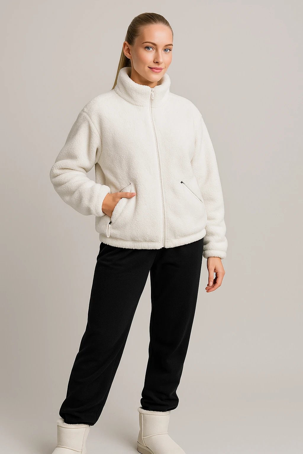 Kadın Fermuarlı Peluş Ceket - beyaz