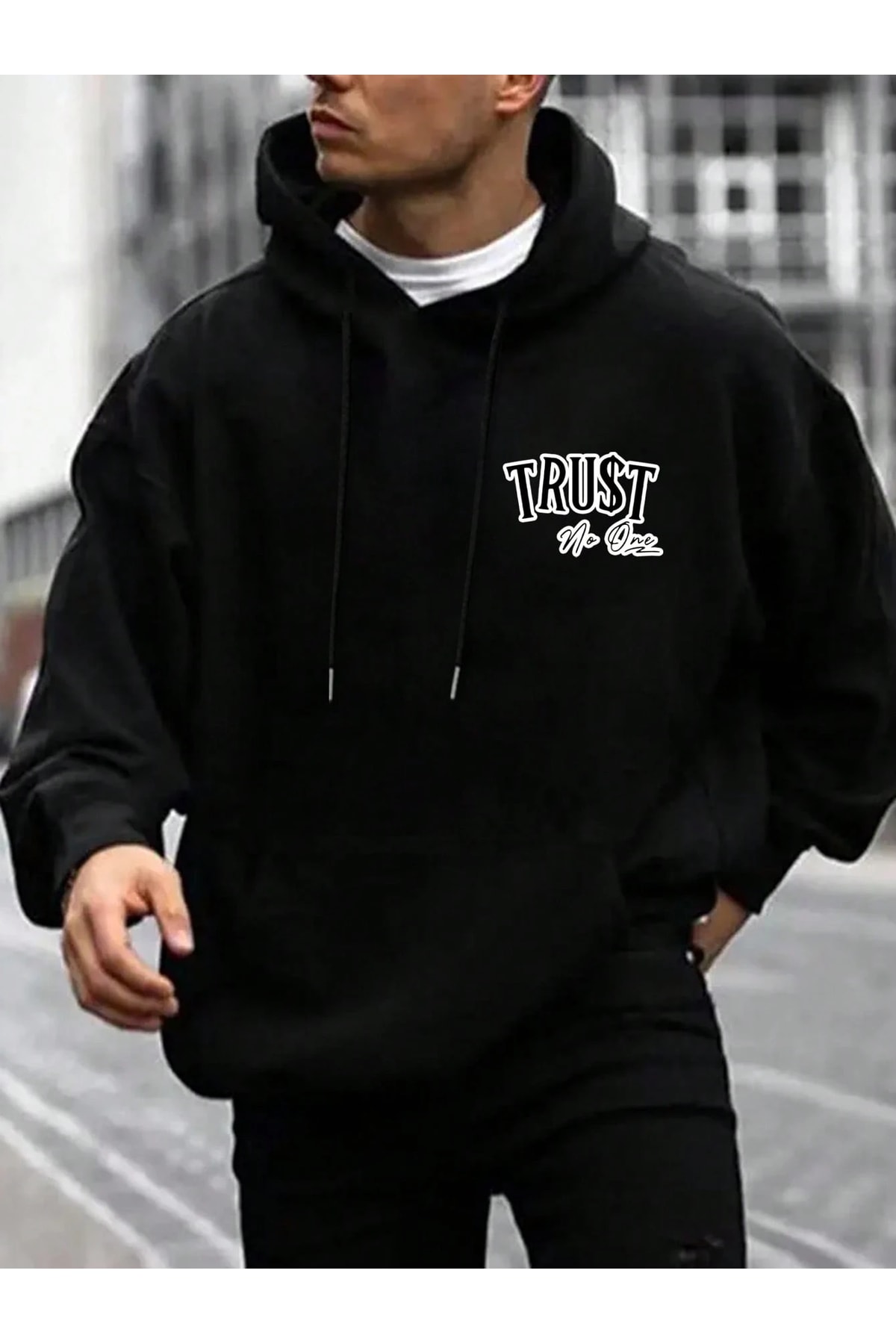 Oversize Baskılı Hoodie – Trust No One Sokak Stili Kapüşonlu Sweatshirt (Unisex) ön- arka