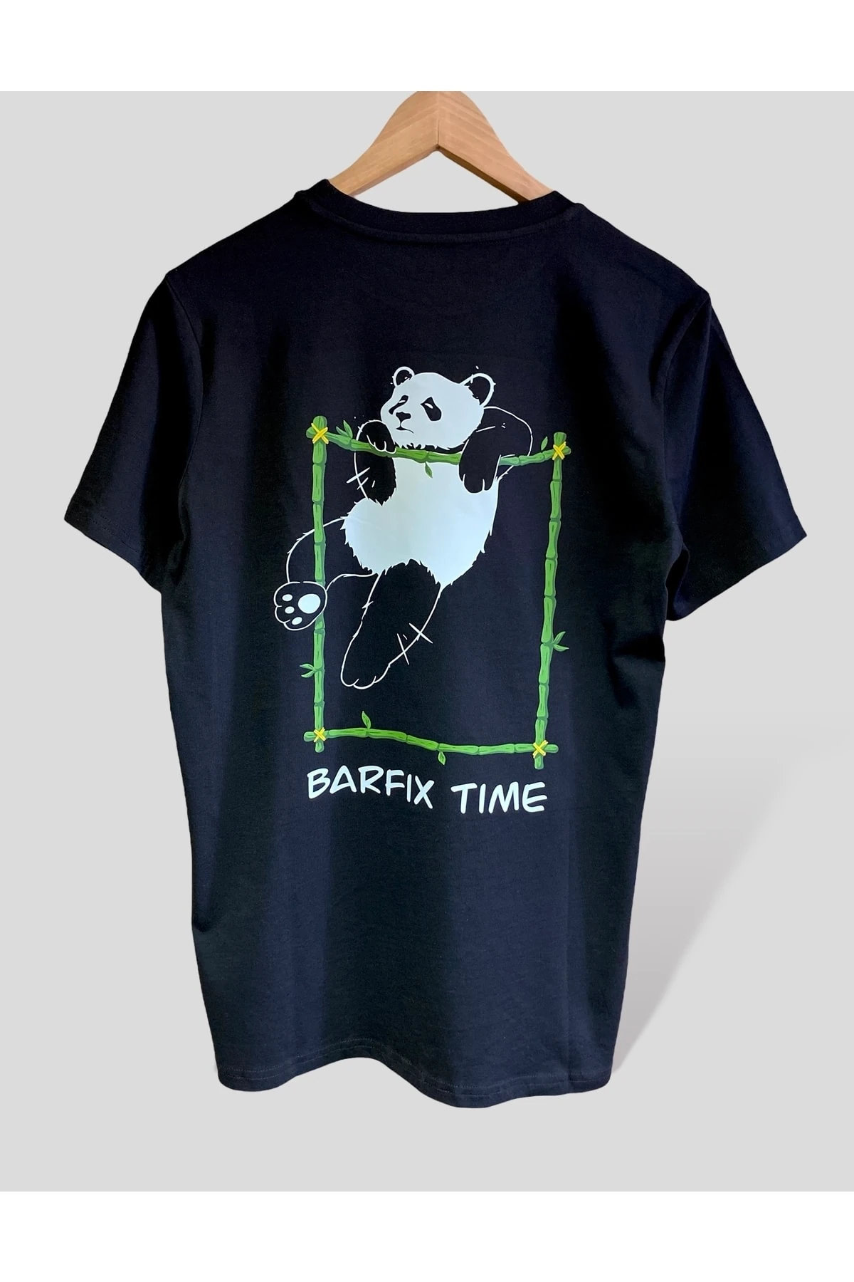 Unısex %100 Pamuk Siyah Bisiklet Yaka Panda Baskılı Tişört