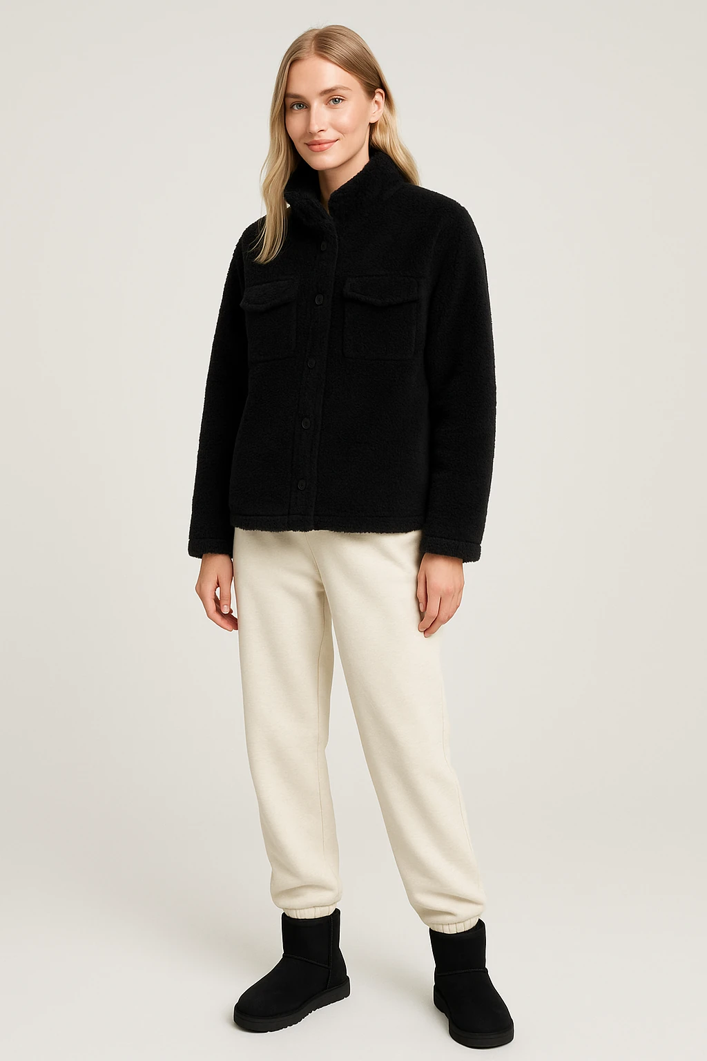 Kadın Peluş Düğmeli Ceket - siyah