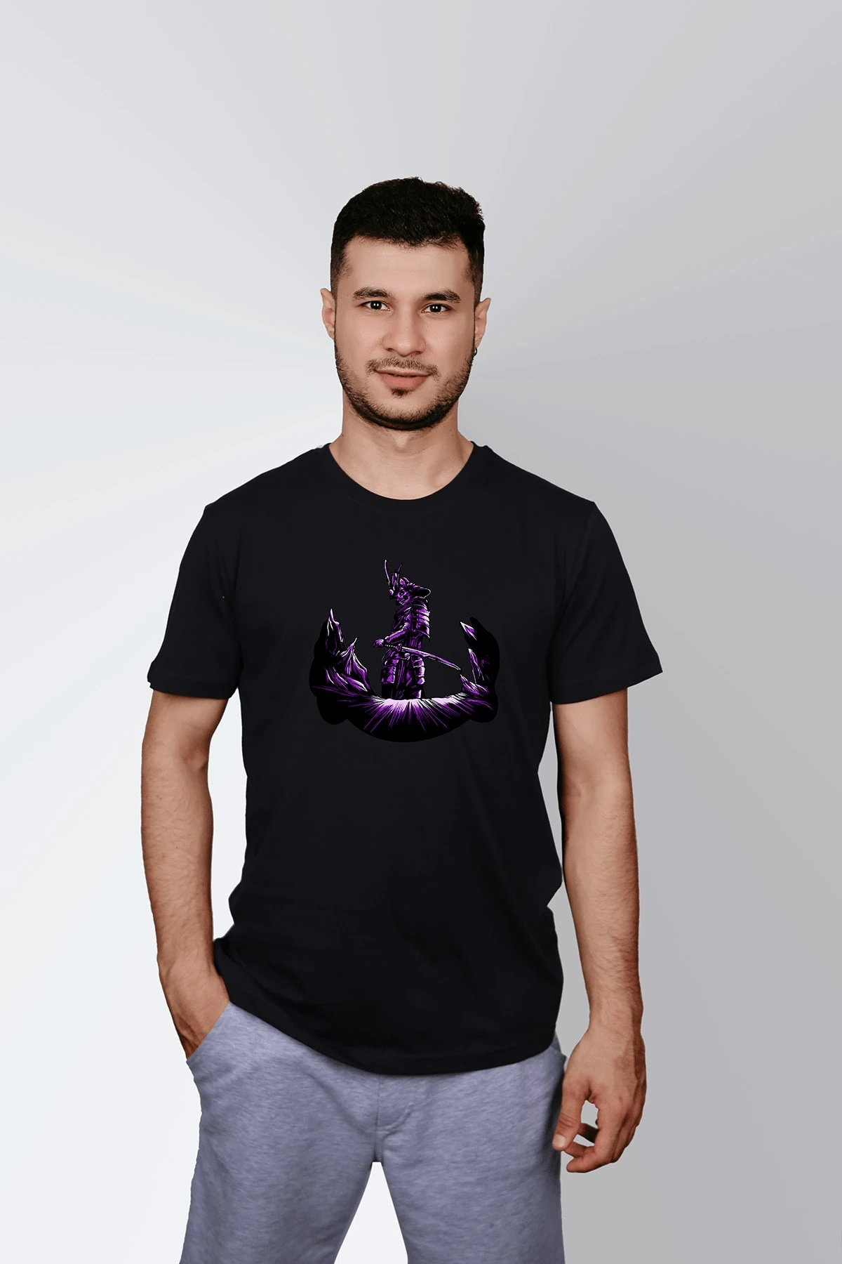 Erkek Siyah Samurai Skull Baskılı Standart T-shirt T7362216