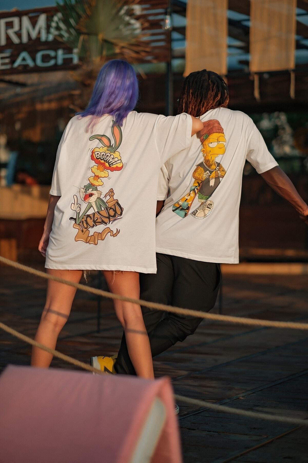 Bad Bugs Bunny Sırt Baskılı Oversize (bol Kalıp) Unisex T-shirt 100% Pamuk Nefes Alan Ince Kalite