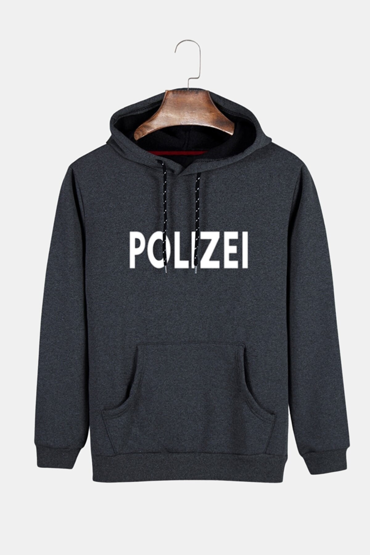 Unisex Füme Önü Polizei Baskılı Kapüşonlu Sweatshirt