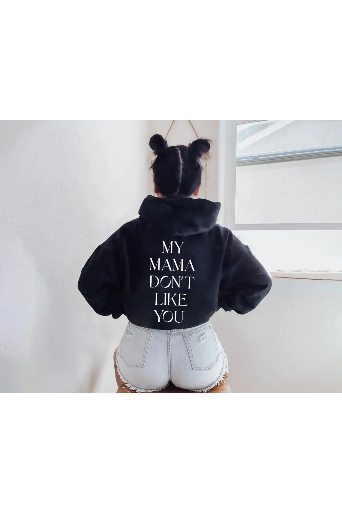 Mama Dont Like You Baskılı Siyah Oversize Kapüşonlu Sweatshirt
