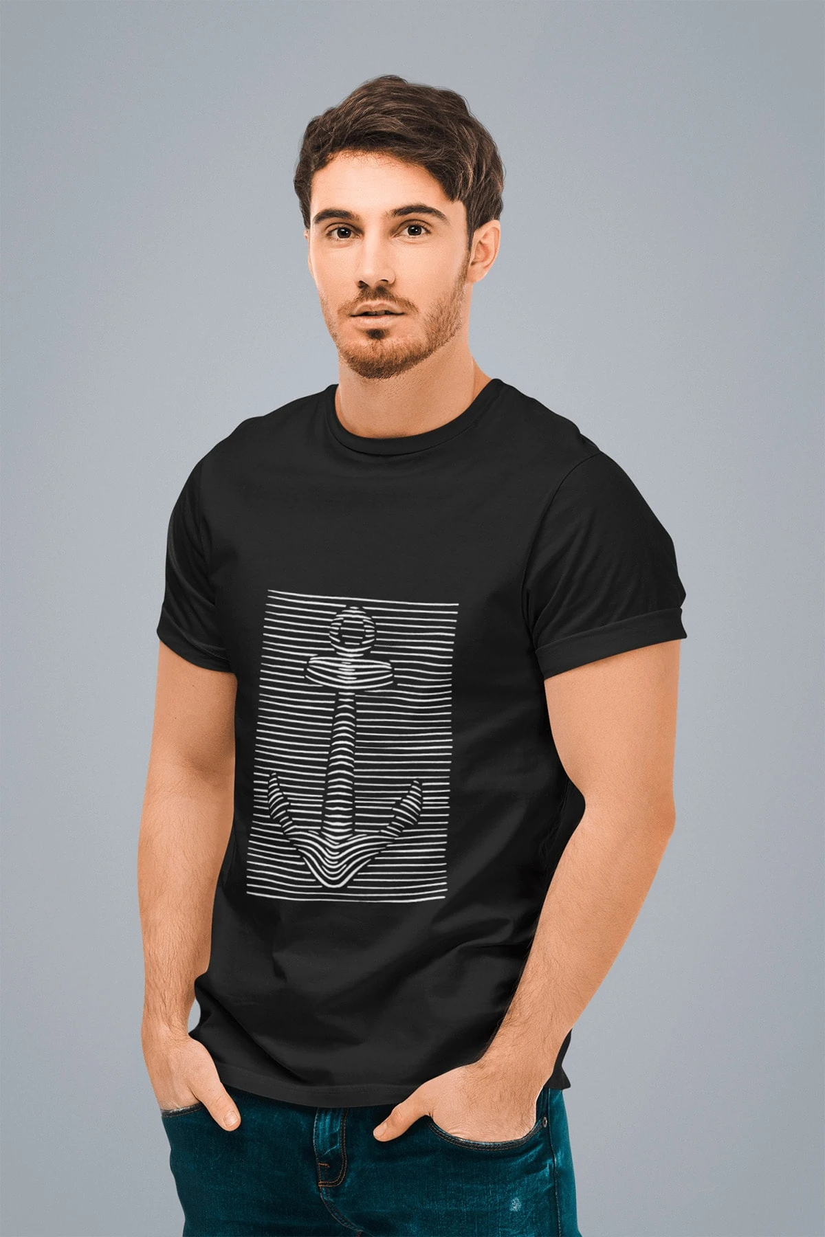 Erkek Siyah Üç Boyutlu Çapa Baskılı Standart T-shirt T4054362