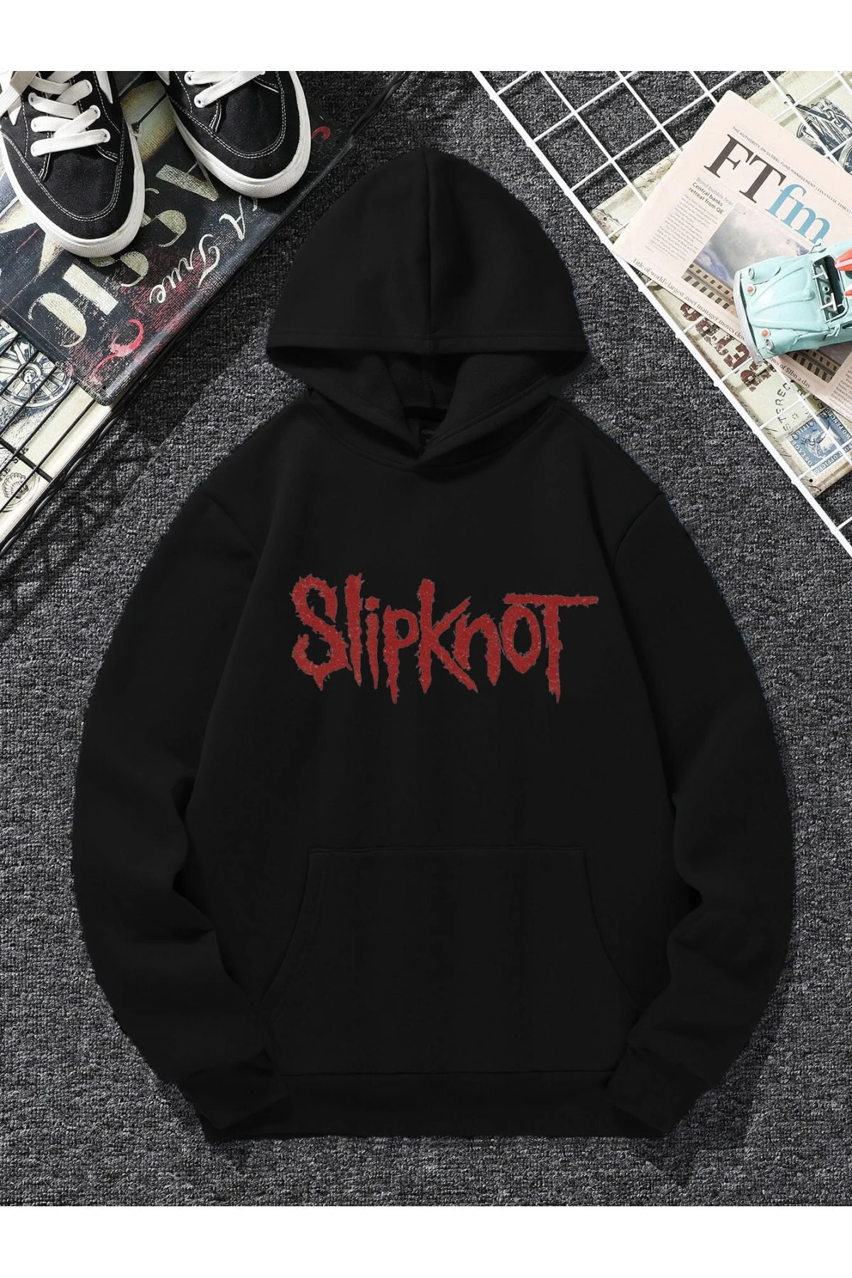 Siyah 3 Iplik Unisex Oversize Kapüşonlu Kanguru Cepli Slipknot Ön Arka Baskılı Sweatshirt Hoodie