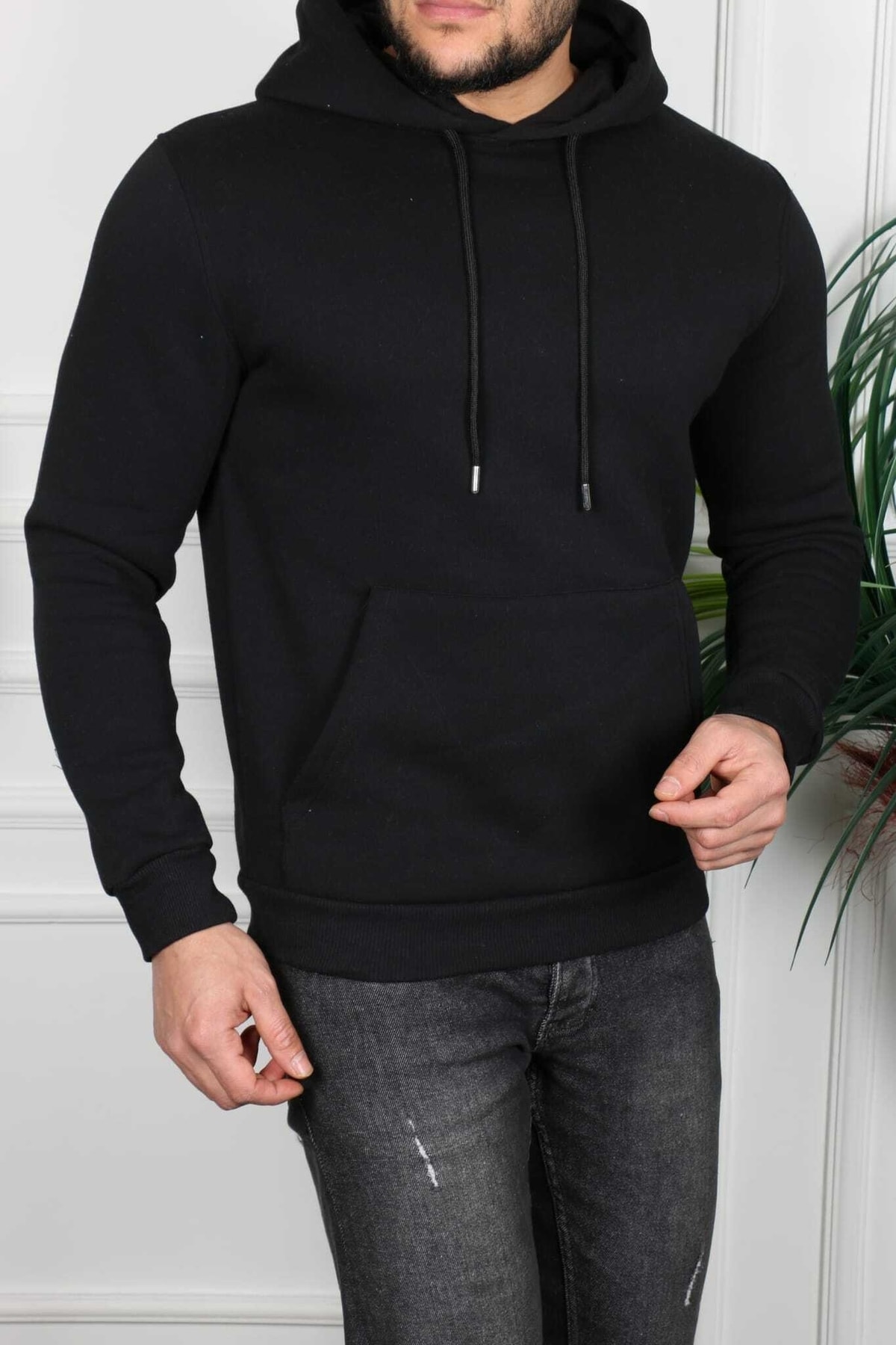 Unisex Siyah Düz Sweatshirt Kapüşonlu Kanguru Cep Normal Kalıp
